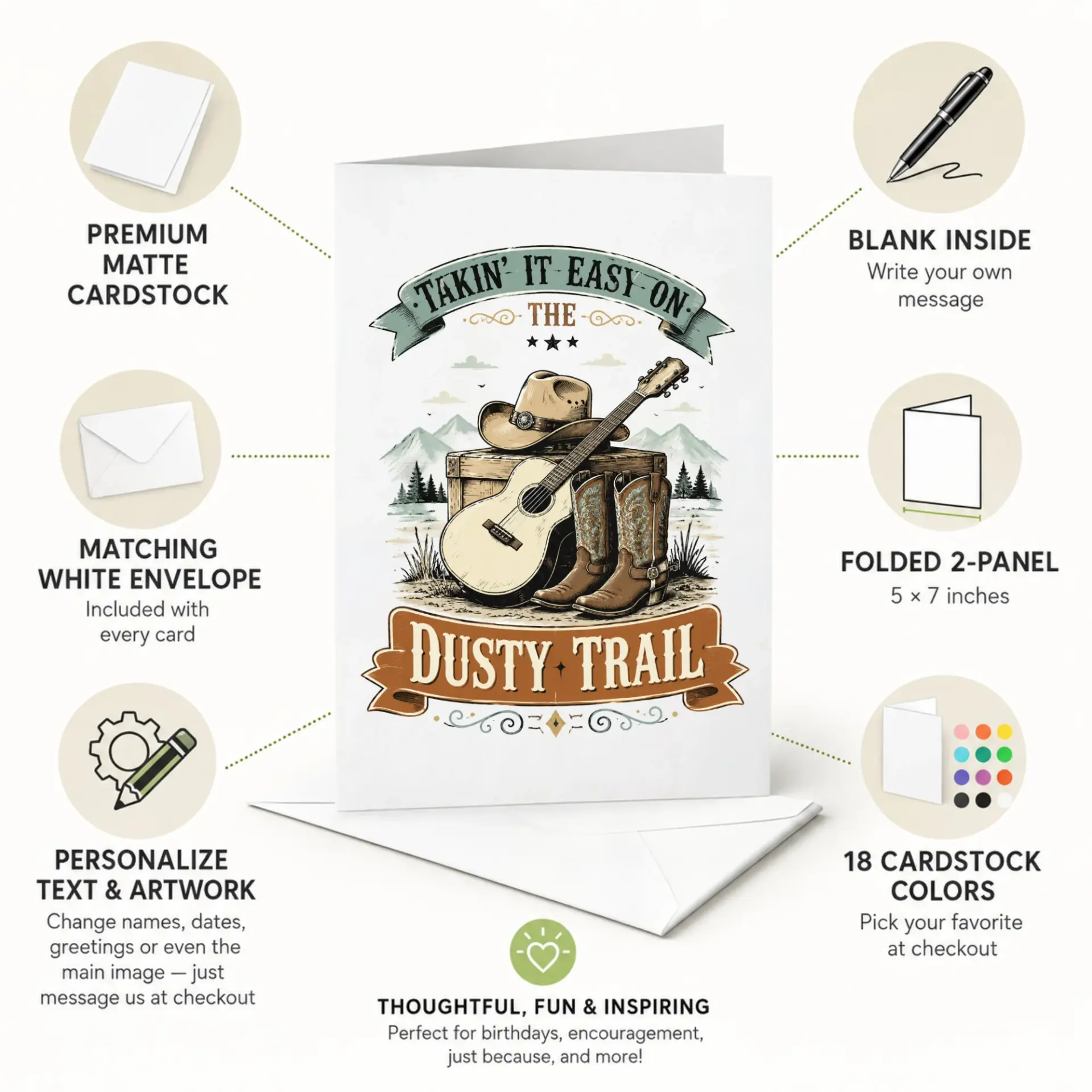 Greeting Card Takin It Easy on the Dusty Trail Western Theme Featuring Cowboy Hat Guitar and Boots Country Style Note