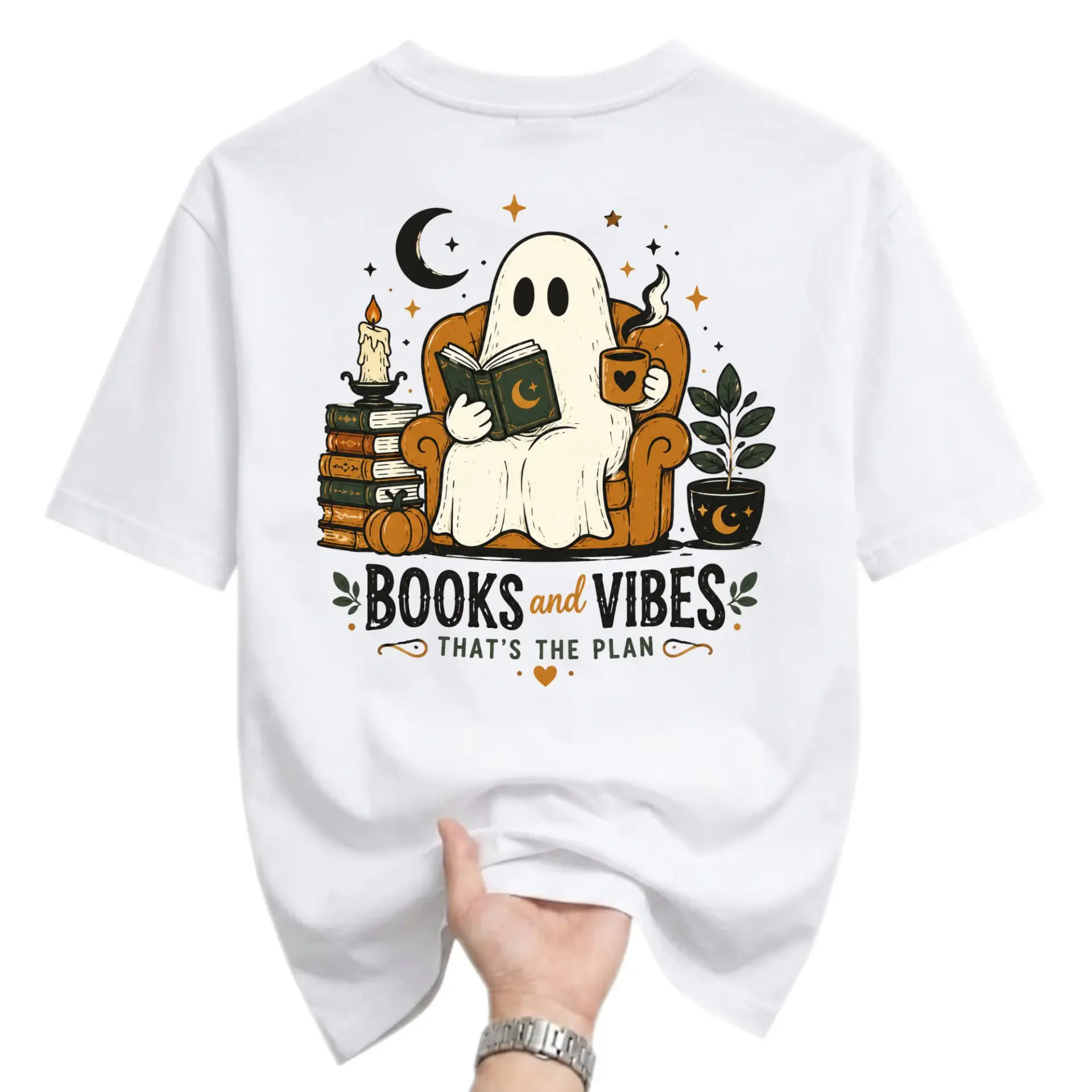 Graphic Tee Books and Vibes Ghost Reading a Book on an Armchair Unisex Crew Neck Short Sleeve Cotton Casual Shirt