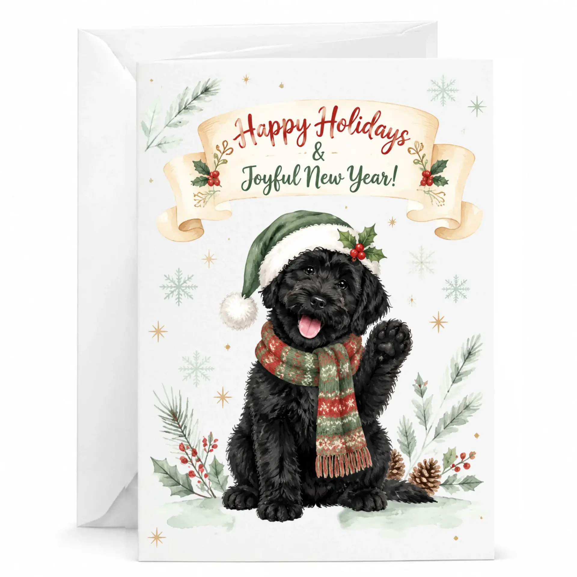 Greeting Card Happy Holidays and Joyful New Year Cute Black Dog Illustration Winter Seasonal Festive Greeting Stationery