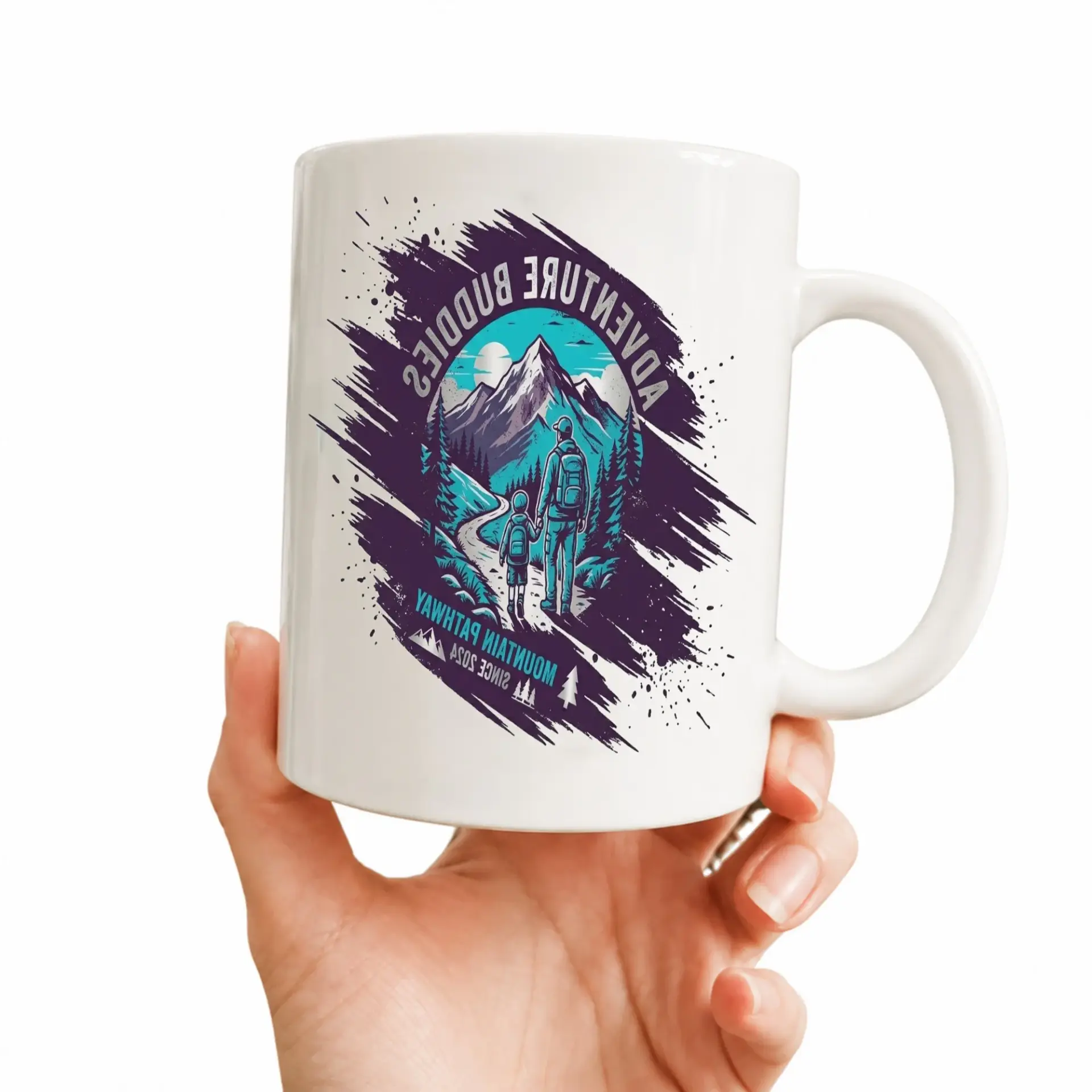 Adventure Buddies Mountain Pathway Ceramic Coffee Mug with Blue Handle and Rim Graphic Travel Themed Drinkware Gift