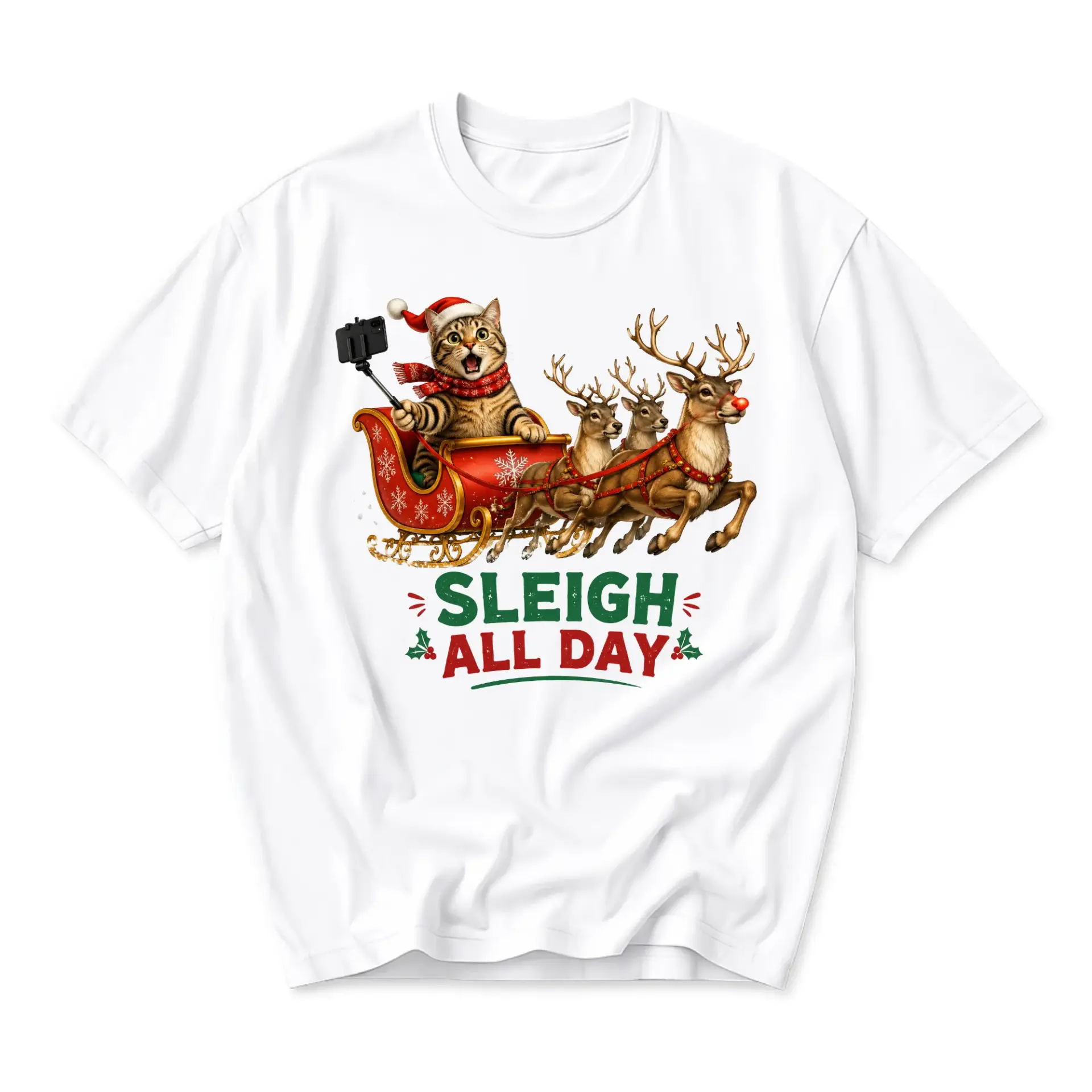 Funny Shirt Christmas Cat Taking Selfie in Santa Sleigh Graphic Tee Unisex