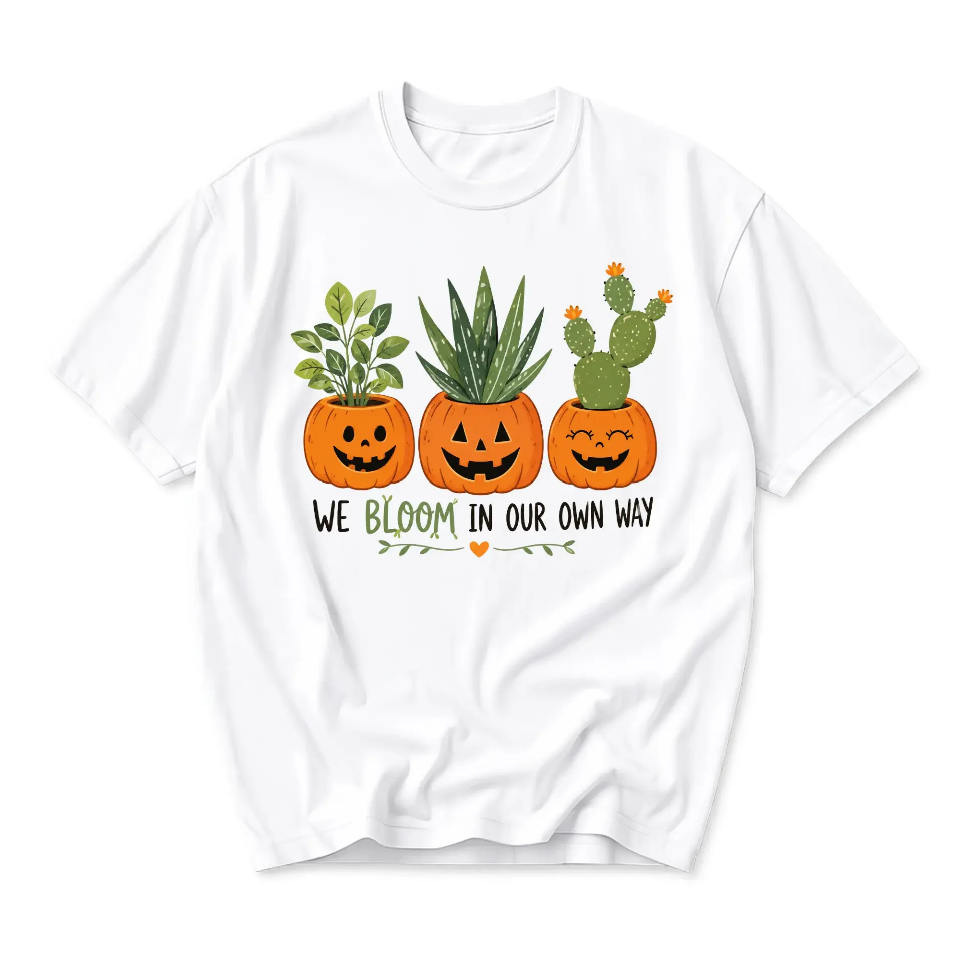 Graphic Tee We Bloom in Our Own Way Fall Pumpkin Plant Unisex Casual Crew Neck Comfortable Short Sleeve Cotton Shirt