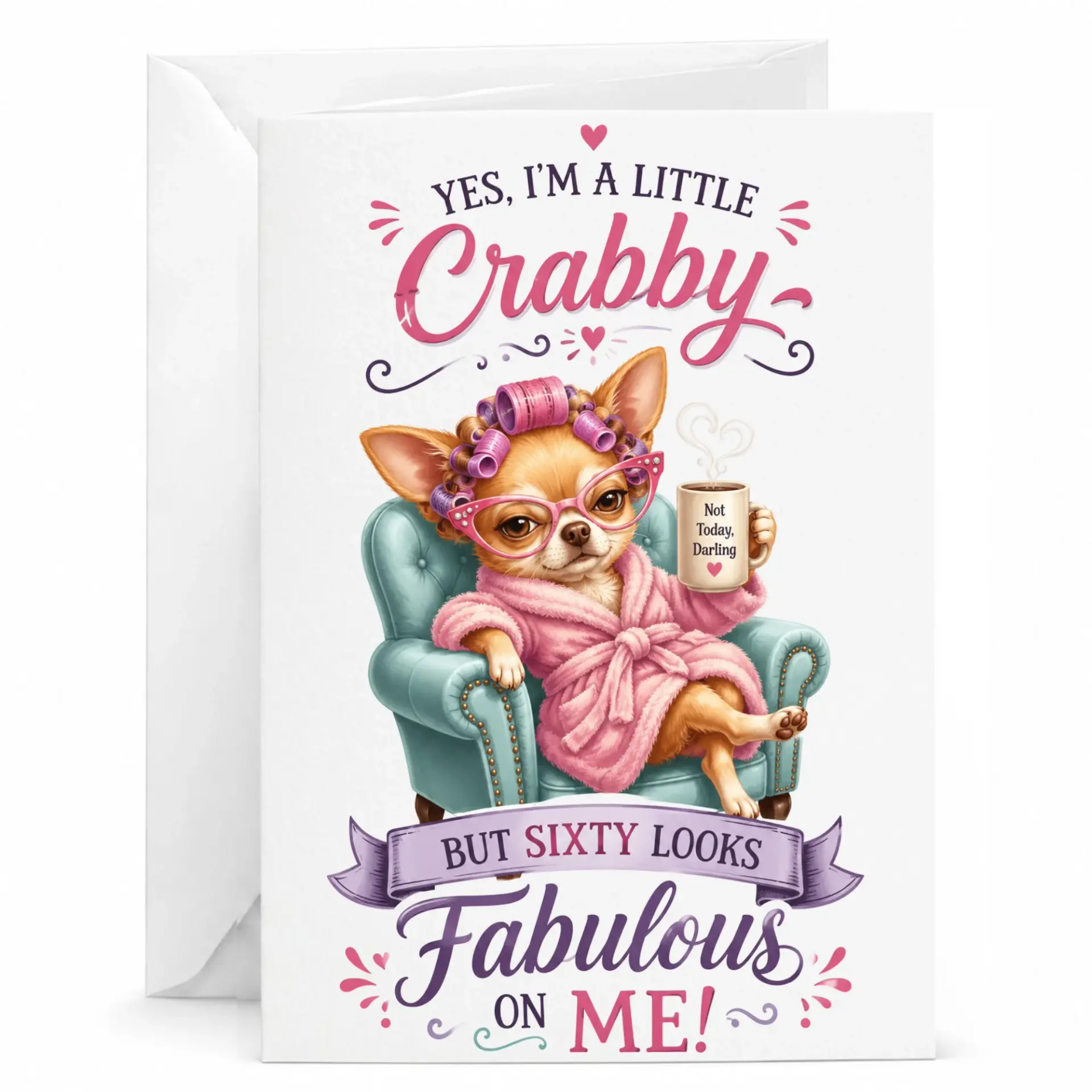 Funny Birthday Card for Sixty Year Old Featuring Cute Dog in Robe and Rollers 60th Humor Greeting