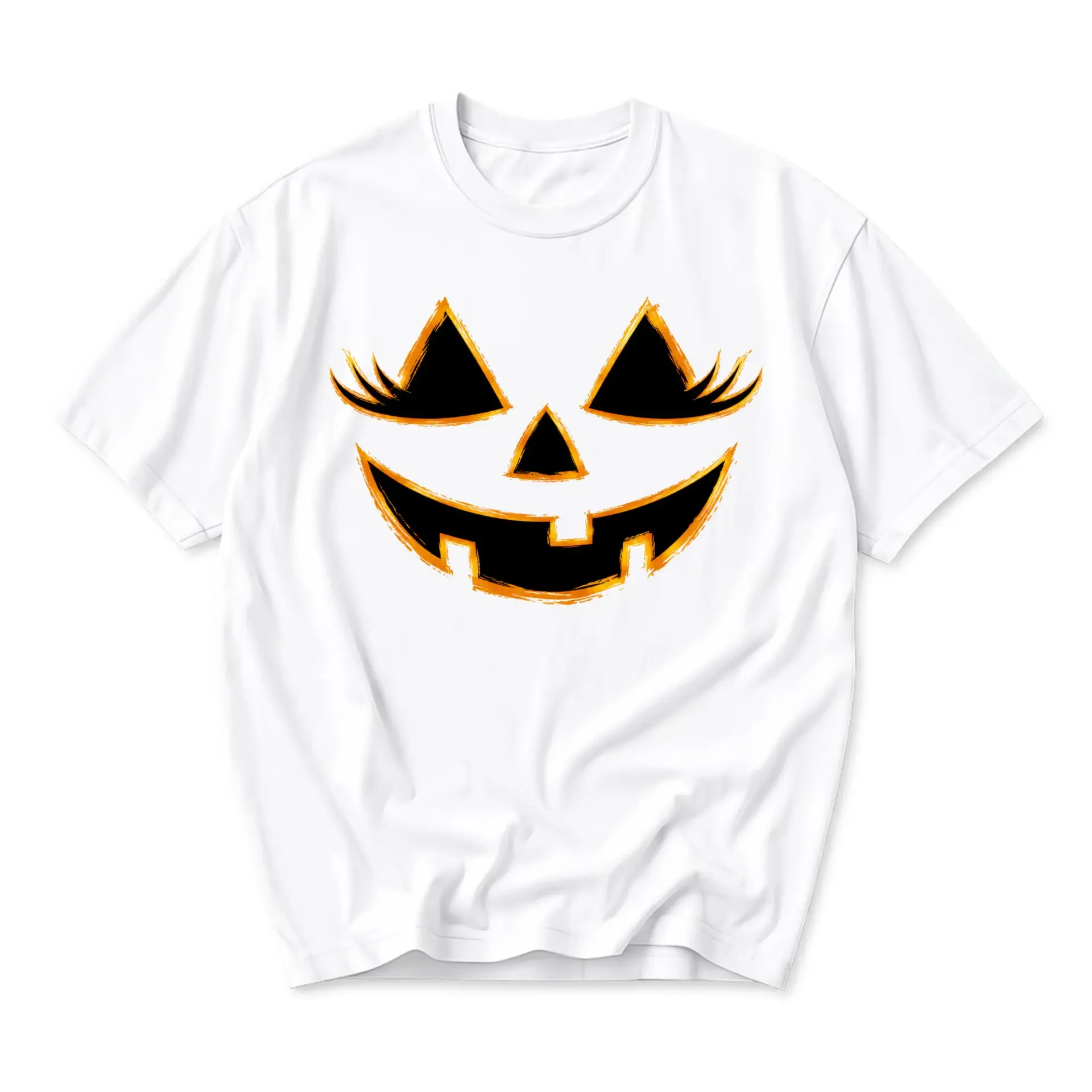 Graphic Tee Unisex Crew Neck T-Shirt Featuring a Jack O Lantern Pumpkin Face with Eyelashes for Fall Seasonal Wear
