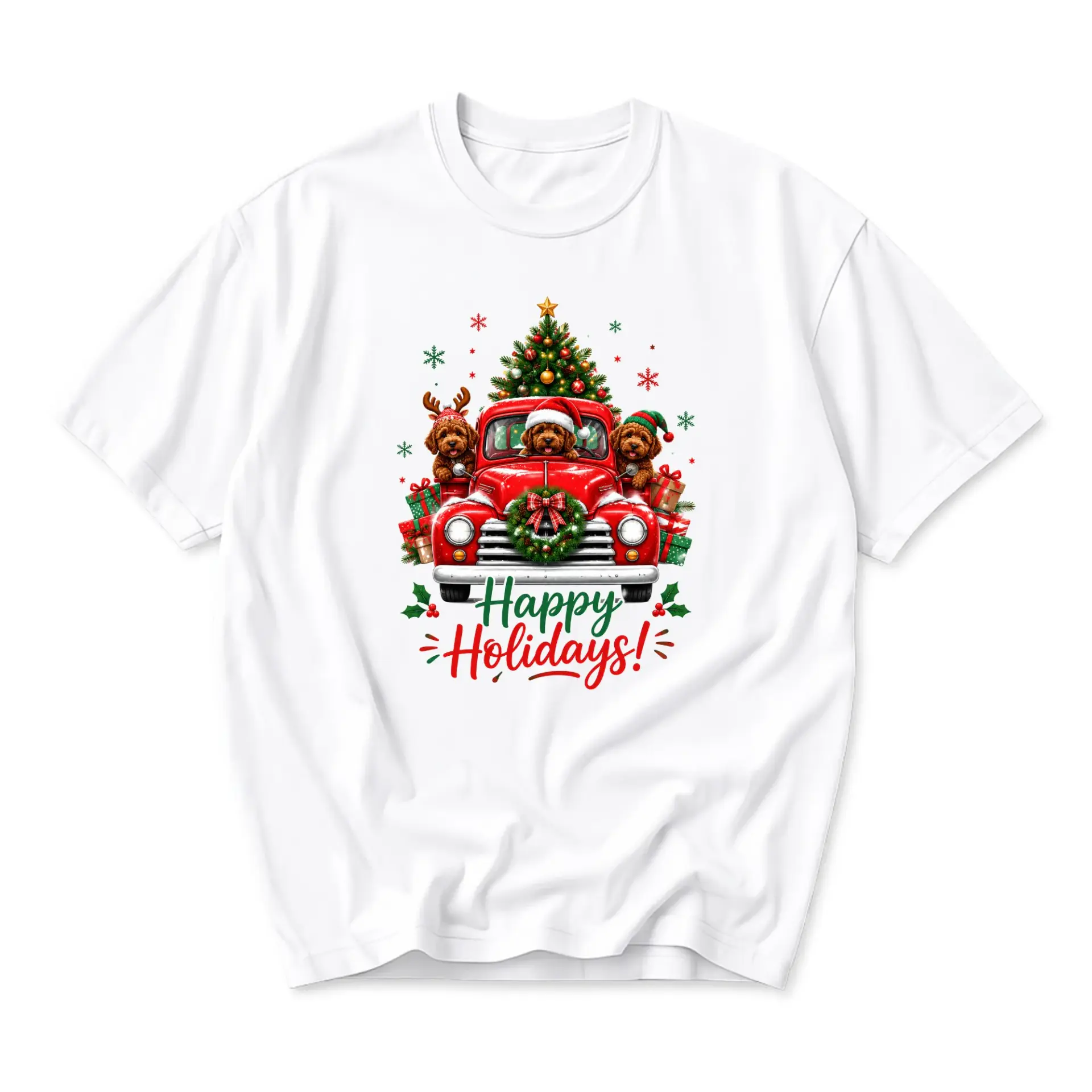 Graphic Tee Happy Holidays Red Truck with Cute Puppies Festive Unisex Crew