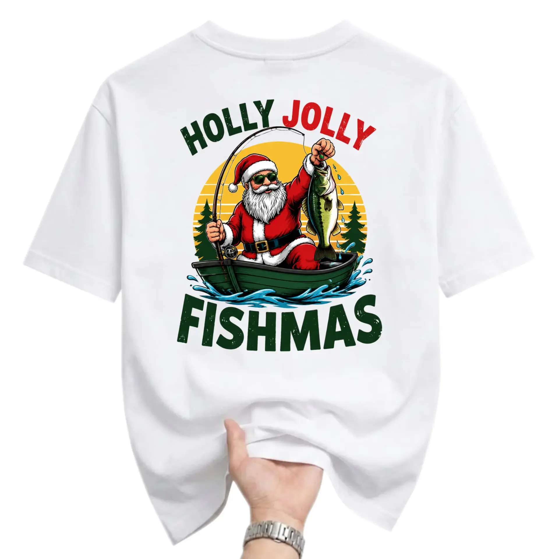 Funny Shirt Holly Jolly Fishmas Graphic Tee Retro Holiday Fishing Santa Claus Unisex Crew Neck Casual Cotton Top