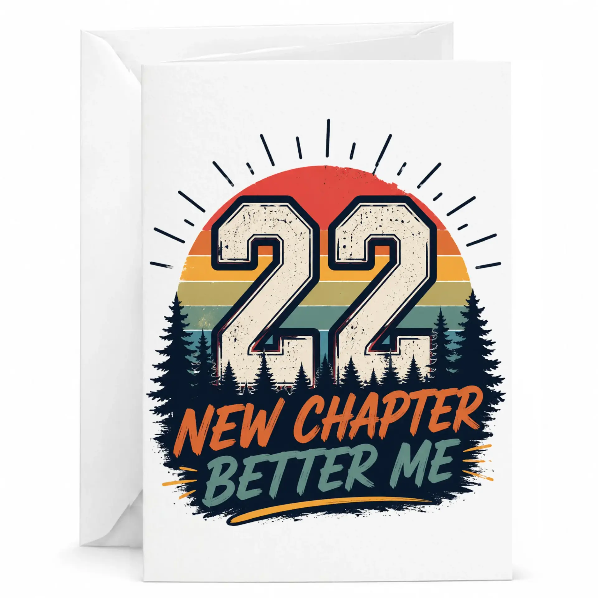 Birthday Card 22nd Birthday Gift Milestone Greeting Card Featuring Retro Sunset Pine Tree Forest Graphic Design