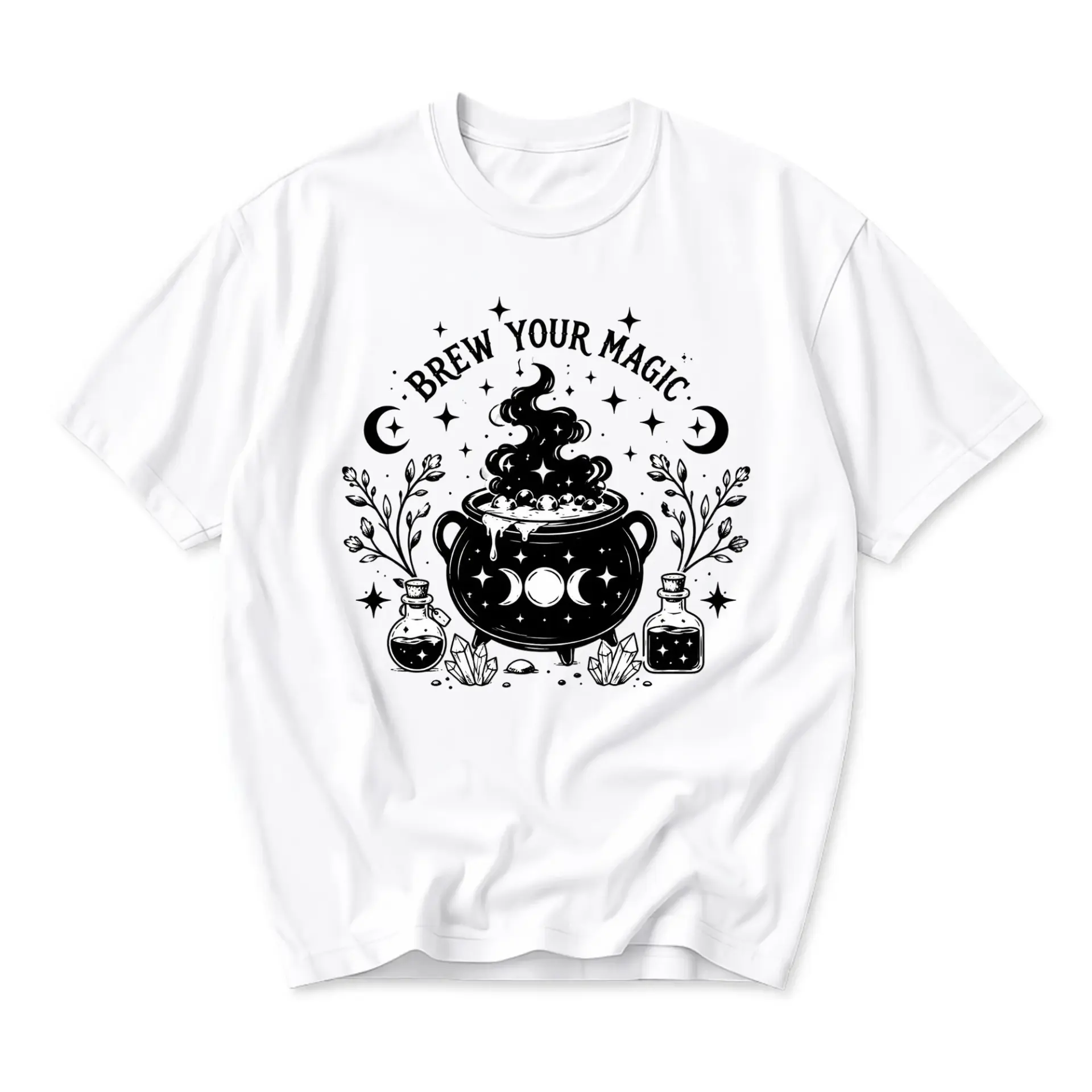 Graphic Tee Brew Your Magic Witchy Cauldron Shirt Unisex Crew Neck Casual Cotton Blend Comfortable Everyday Apparel