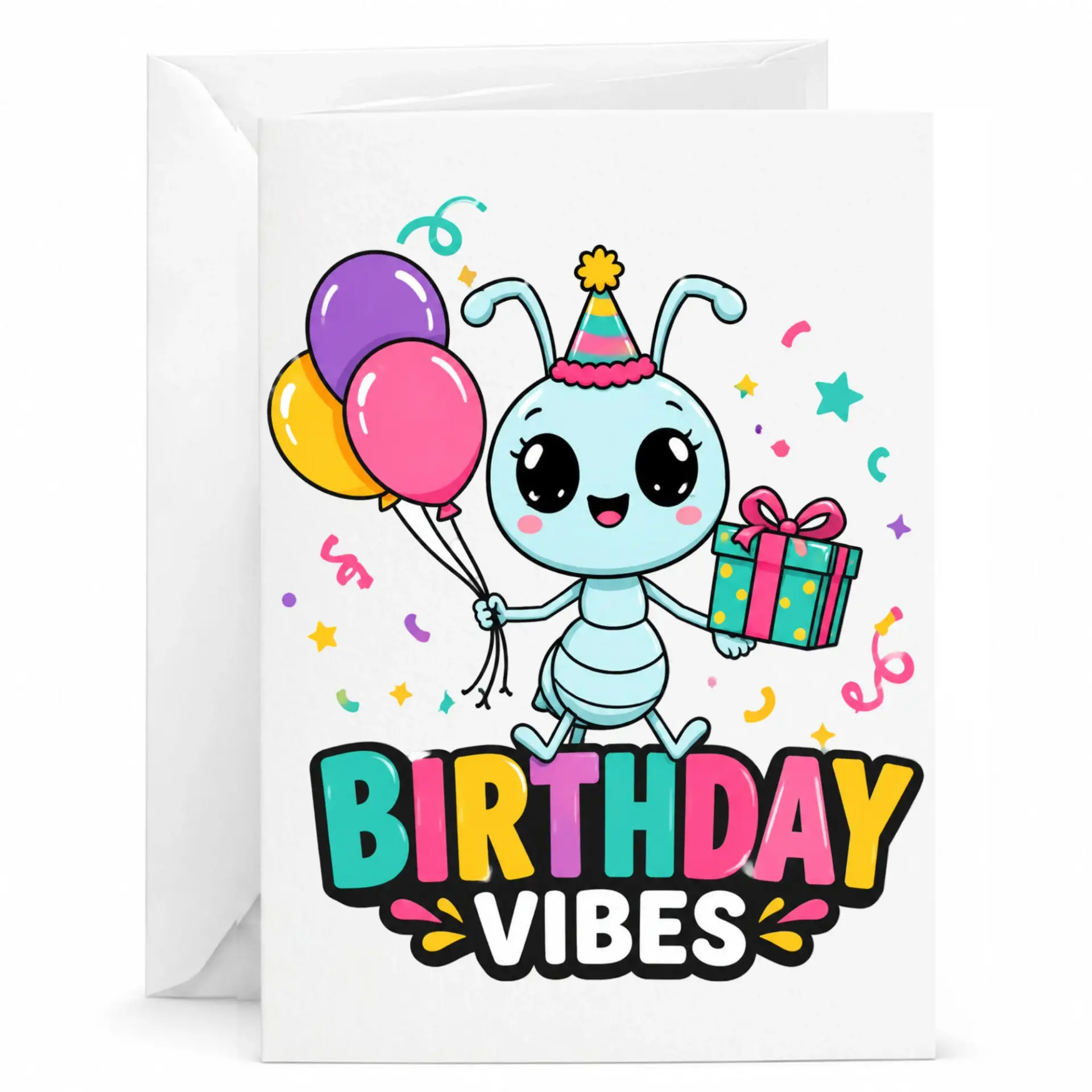 Birthday Card Birthday Vibes Featuring Cute Ant Illustration with Balloons and Gift Present for Party Celebration