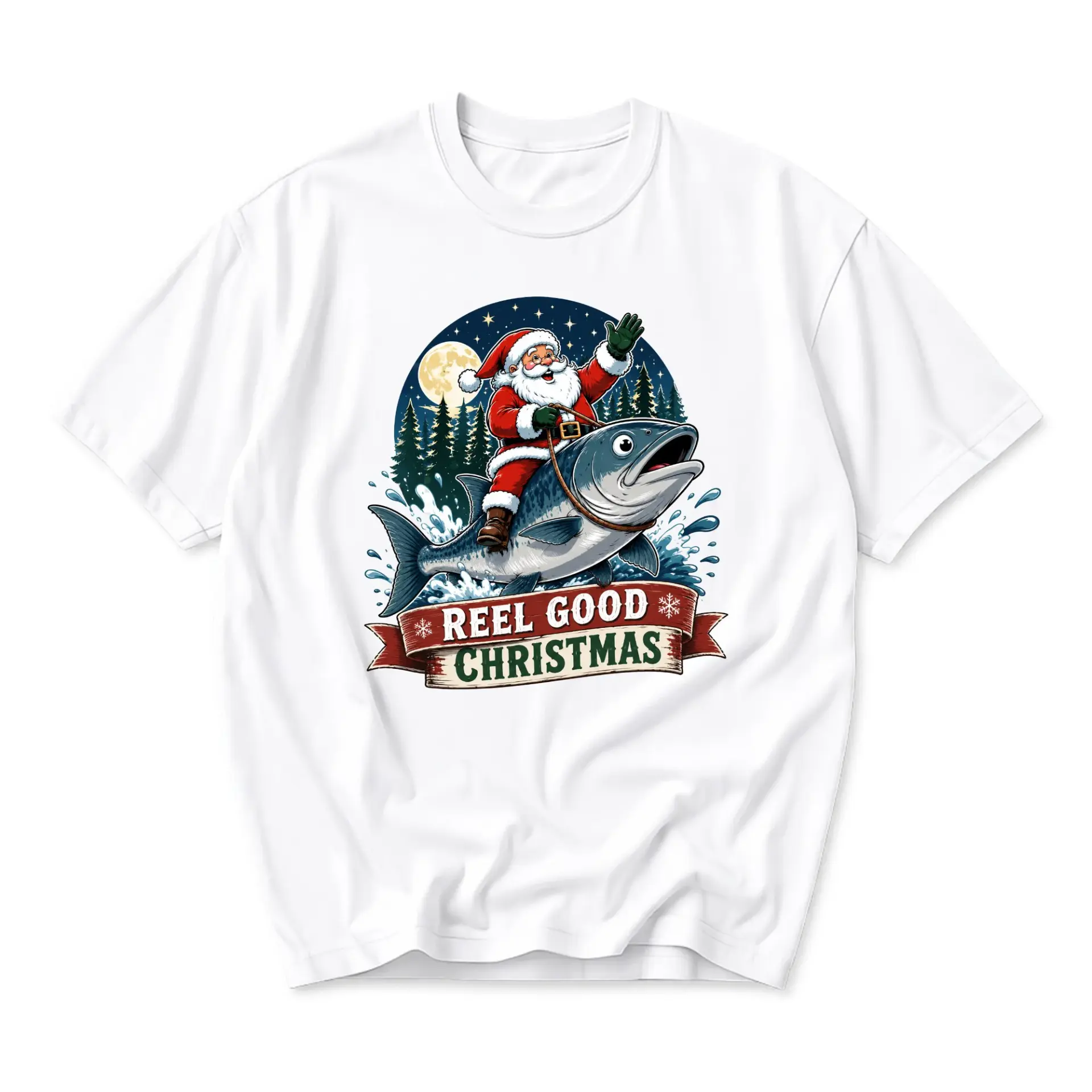 Funny Shirt Reel Good Christmas Graphic Tee Santa Claus Riding a Large Fish