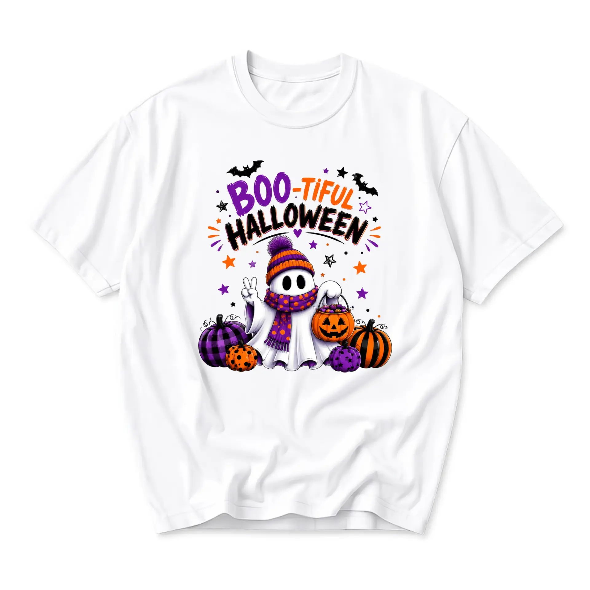 Funny Shirt Boo-Tiful Halloween Graphic Tee Cute Ghost with Pumpkins Seasonal Unisex Crew Neck Cotton Casual Apparel