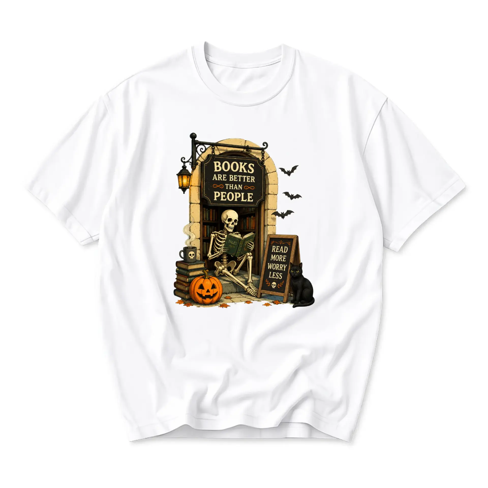 Funny Shirt Books Are Better Than People Skeleton Reading Graphic Tee Unisex Crew Neck Casual Everyday Cotton Apparel