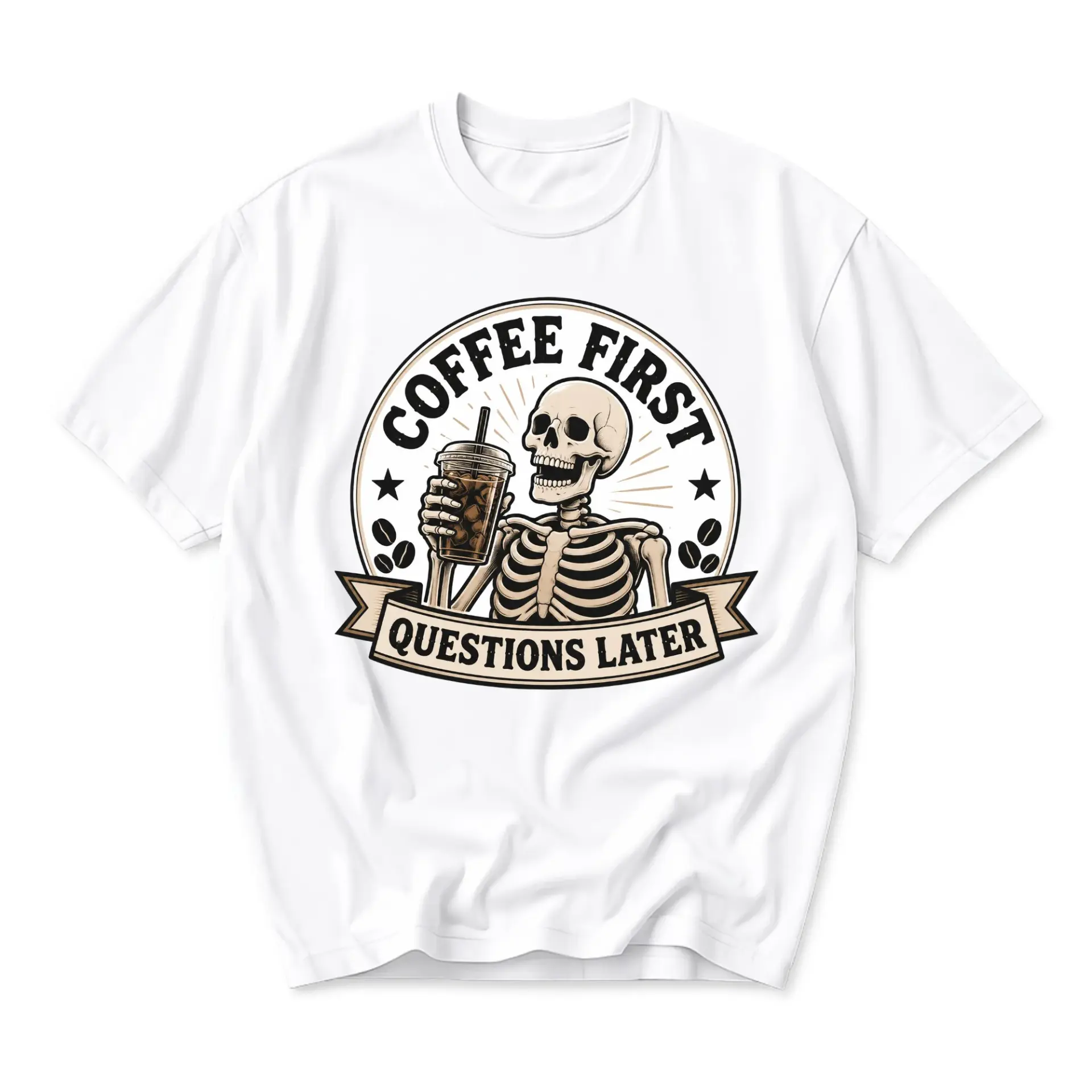 Funny Shirt Coffee First Questions Later Graphic Tee Unisex Casual Apparel for Caffeine Lovers and Skeleton Design Fans
