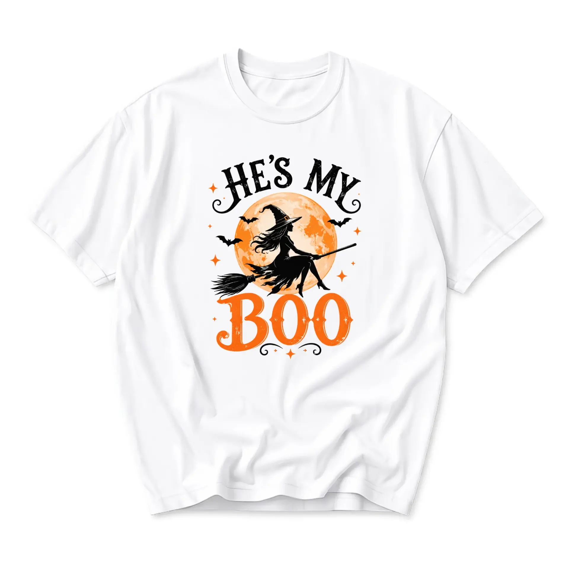 Funny Shirt He Is My Boo Witch Graphic Tee Seasonal Unisex Casual Cotton Blend Crew Neck Halloween Top Apparel