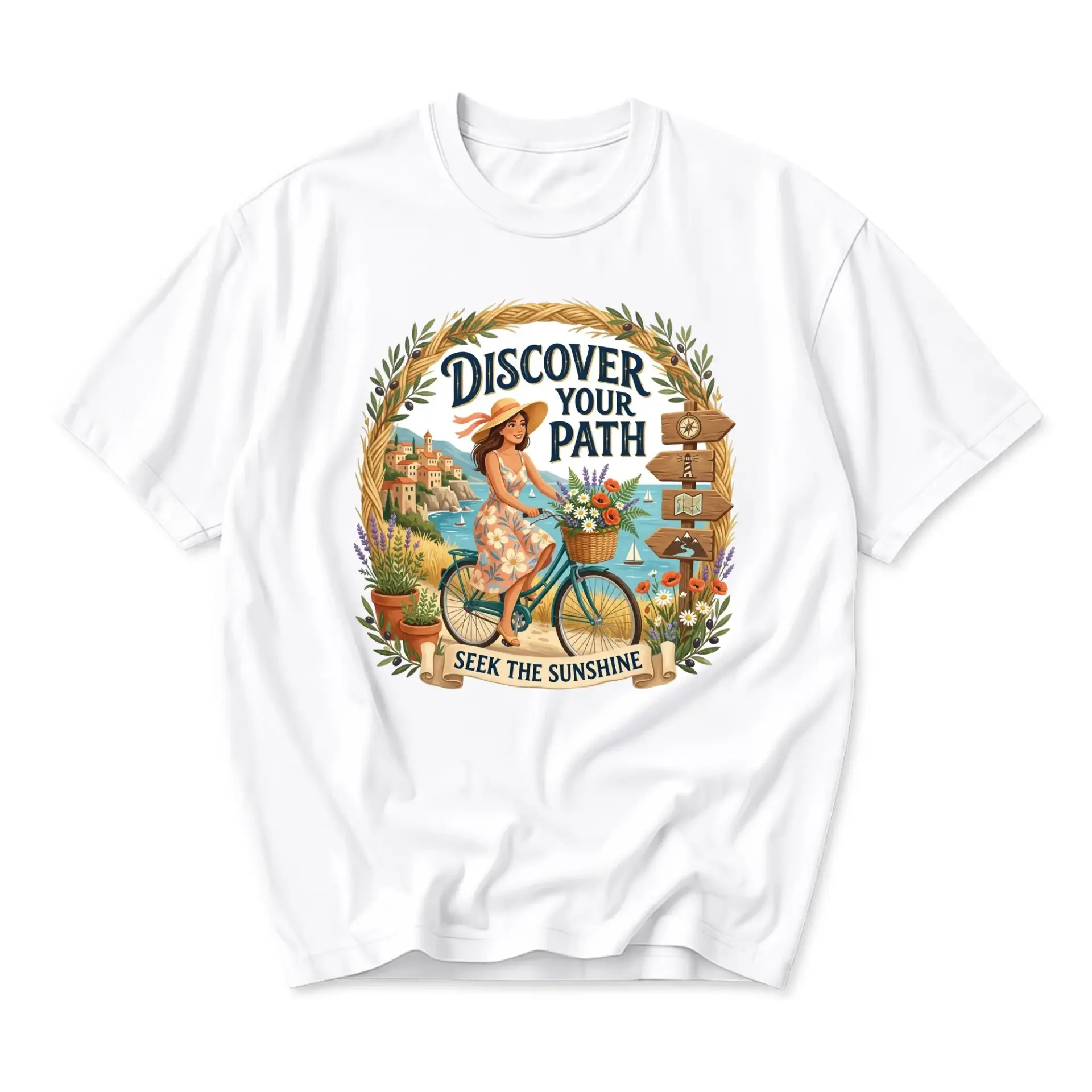 Graphic Tee Discover Your Path Seek the Sunshine Travel Inspired Floral Bicycle Print Unisex Crew Neck Shirt