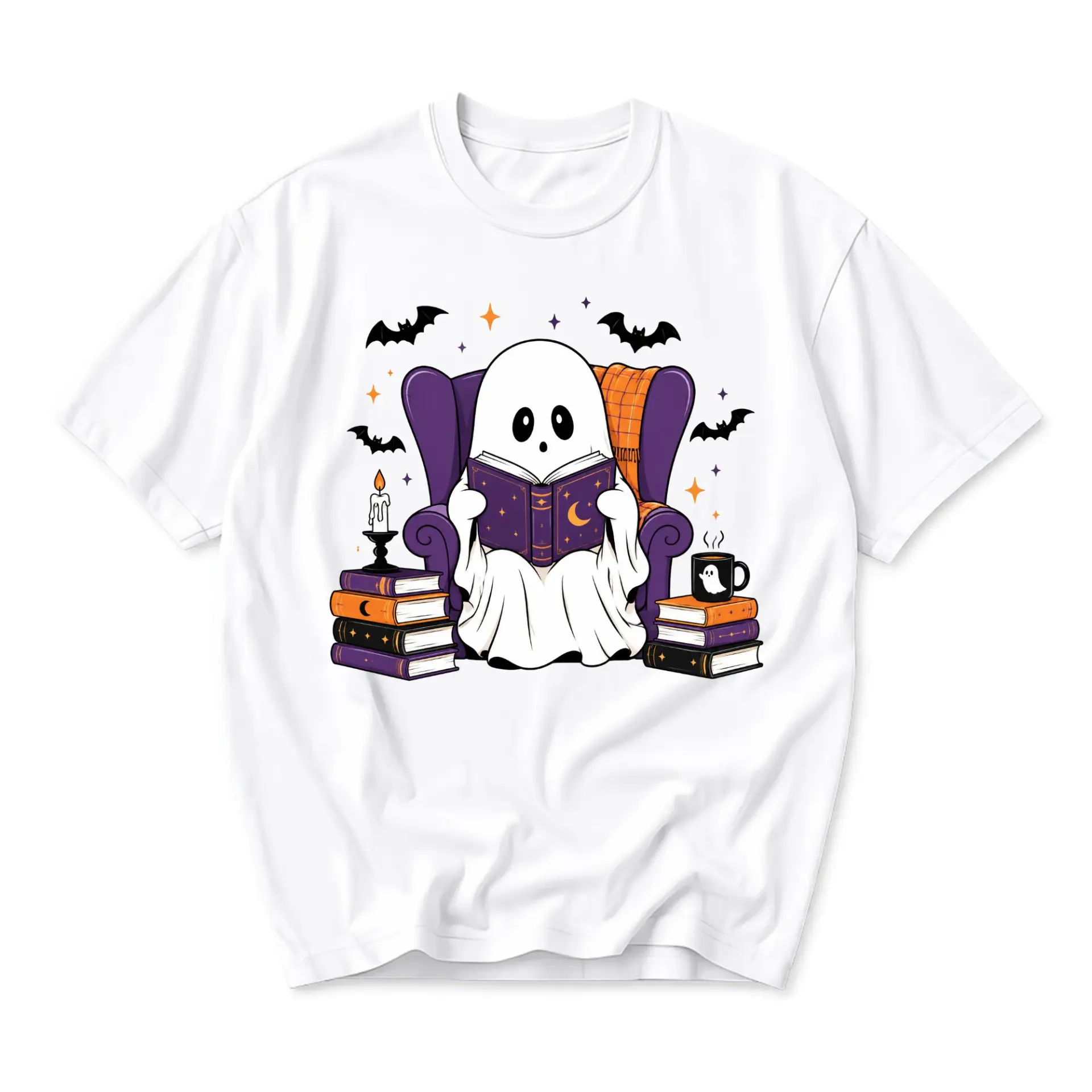 Graphic Tee Unisex Ghost Reading Book T-Shirt Cozy Fall Apparel Comfortable Short Sleeve Crew Neck Seasonal Style Top