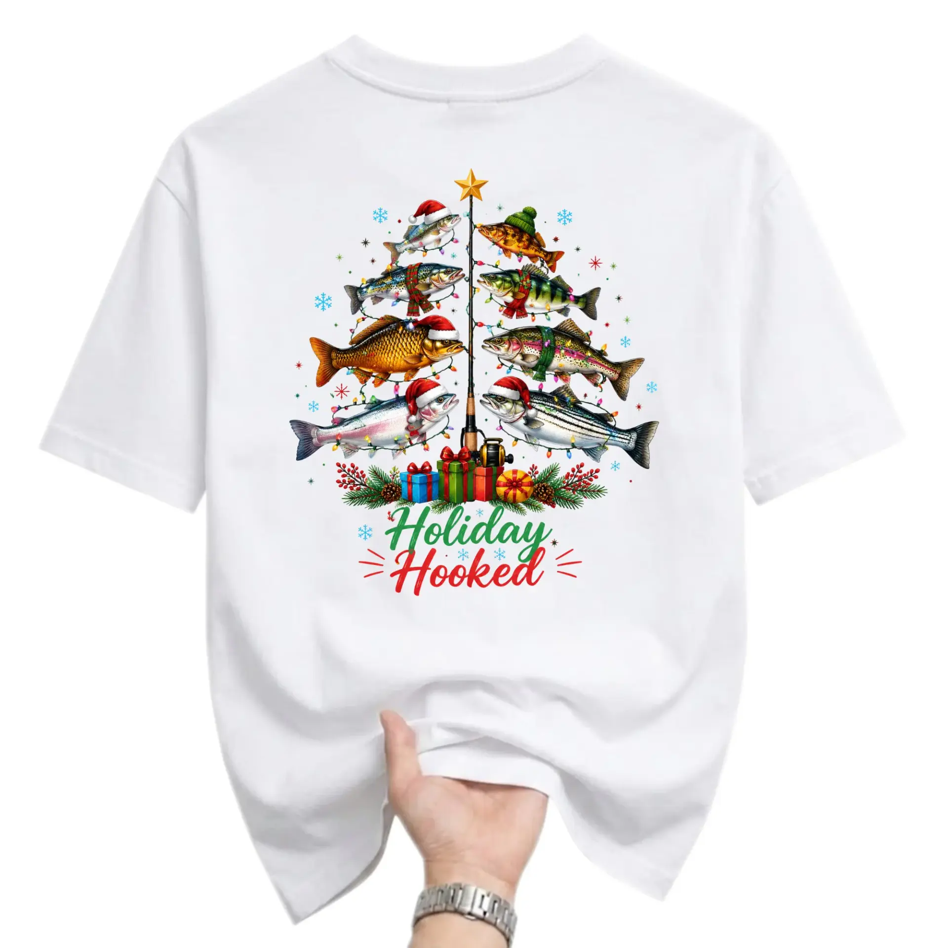 Graphic Tee Holiday Fishing Christmas Tree Design Unisex Crew Neck Short
