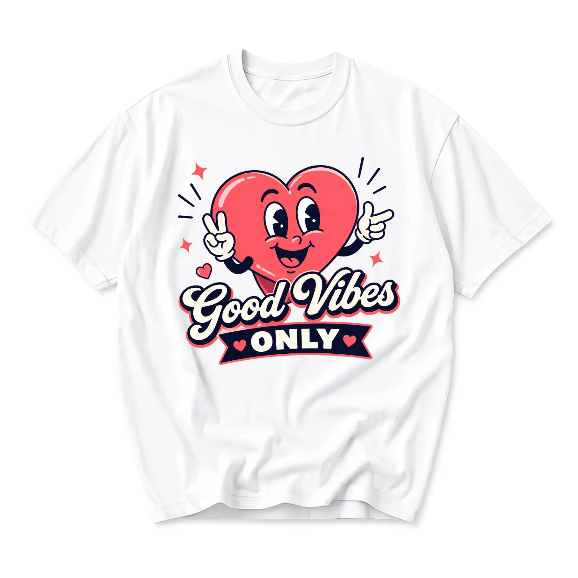 Graphic Tee Good Vibes Only Heart Cartoon Unisex Crew Neck Short Sleeve Shirt Casual Summer Top Retro Style Apparel