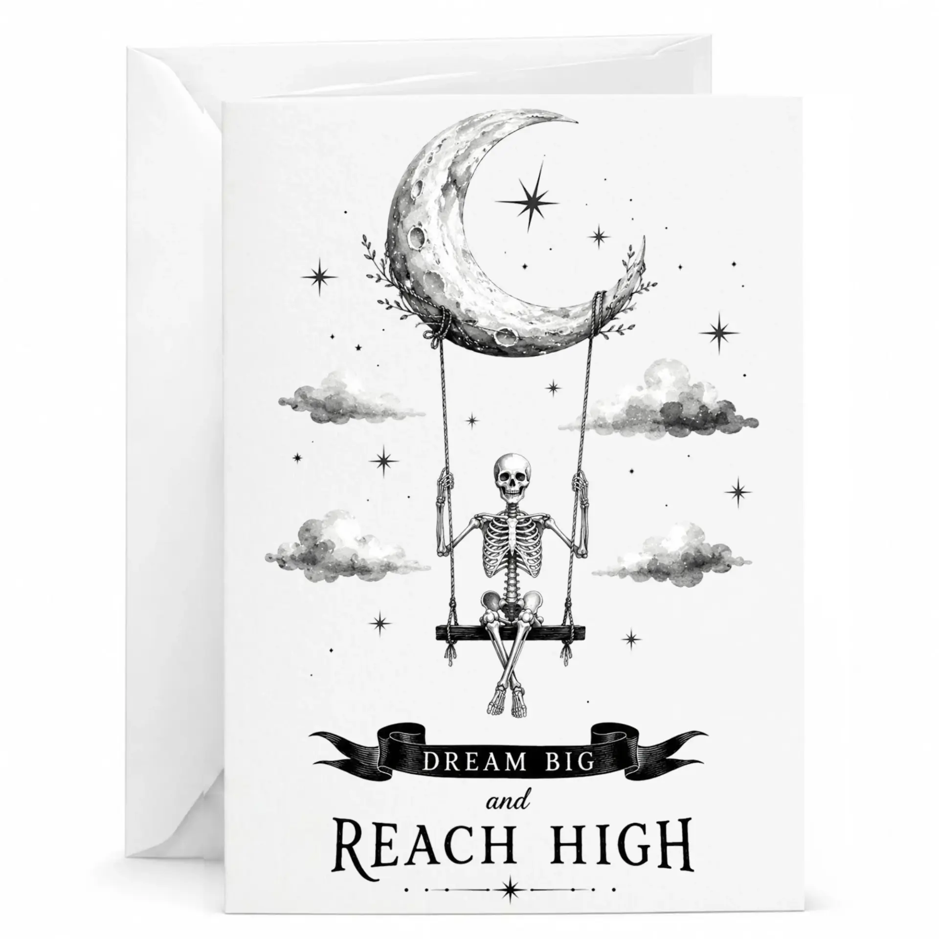 Inspirational Greeting Card Big and High Skeleton on Moon Illustration for Encouragement Support