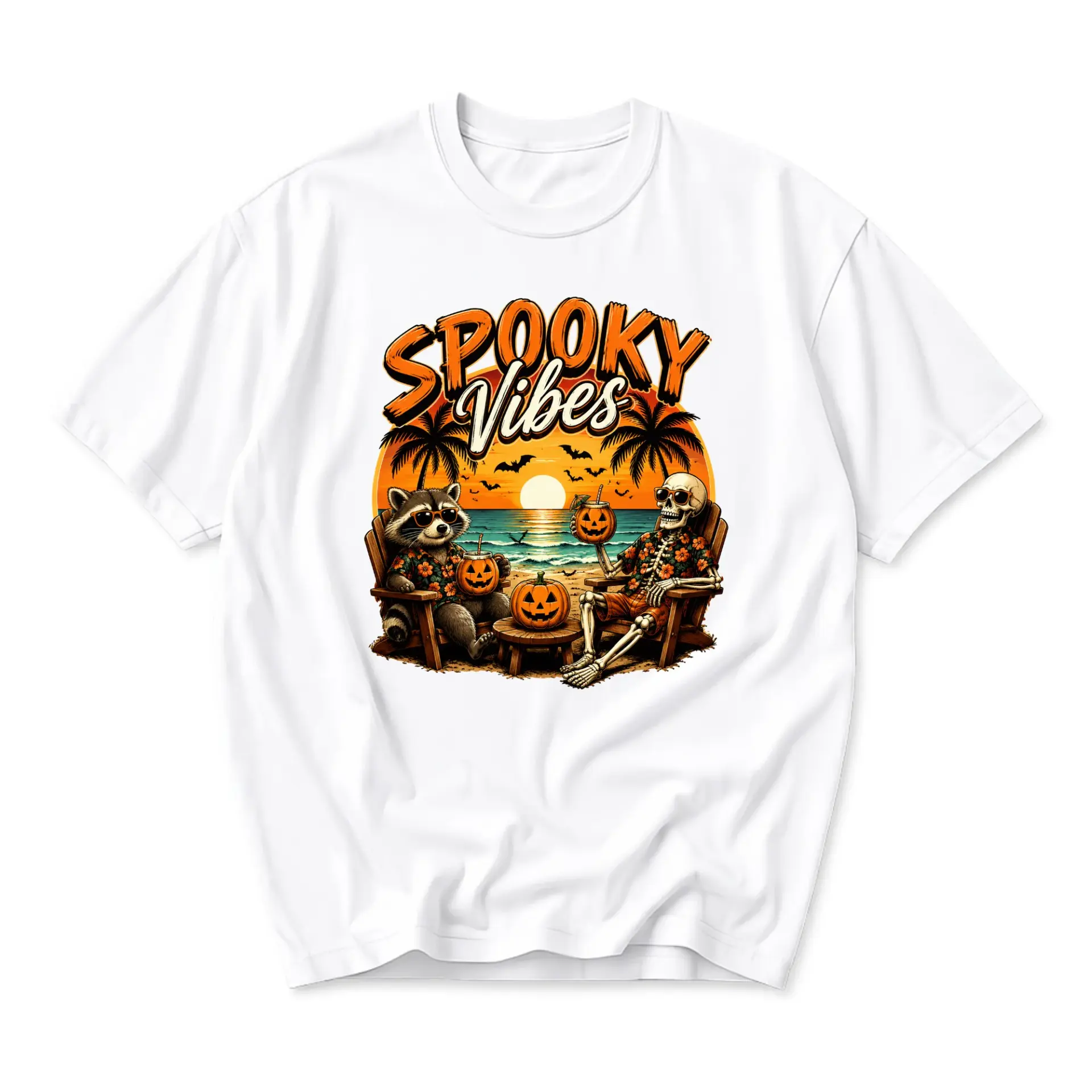 Funny Shirt Spooky Vibes Raccoon and Skeleton Tropical Beach Halloween Graphic Printed Unisex Crew Neck T-Shirt
