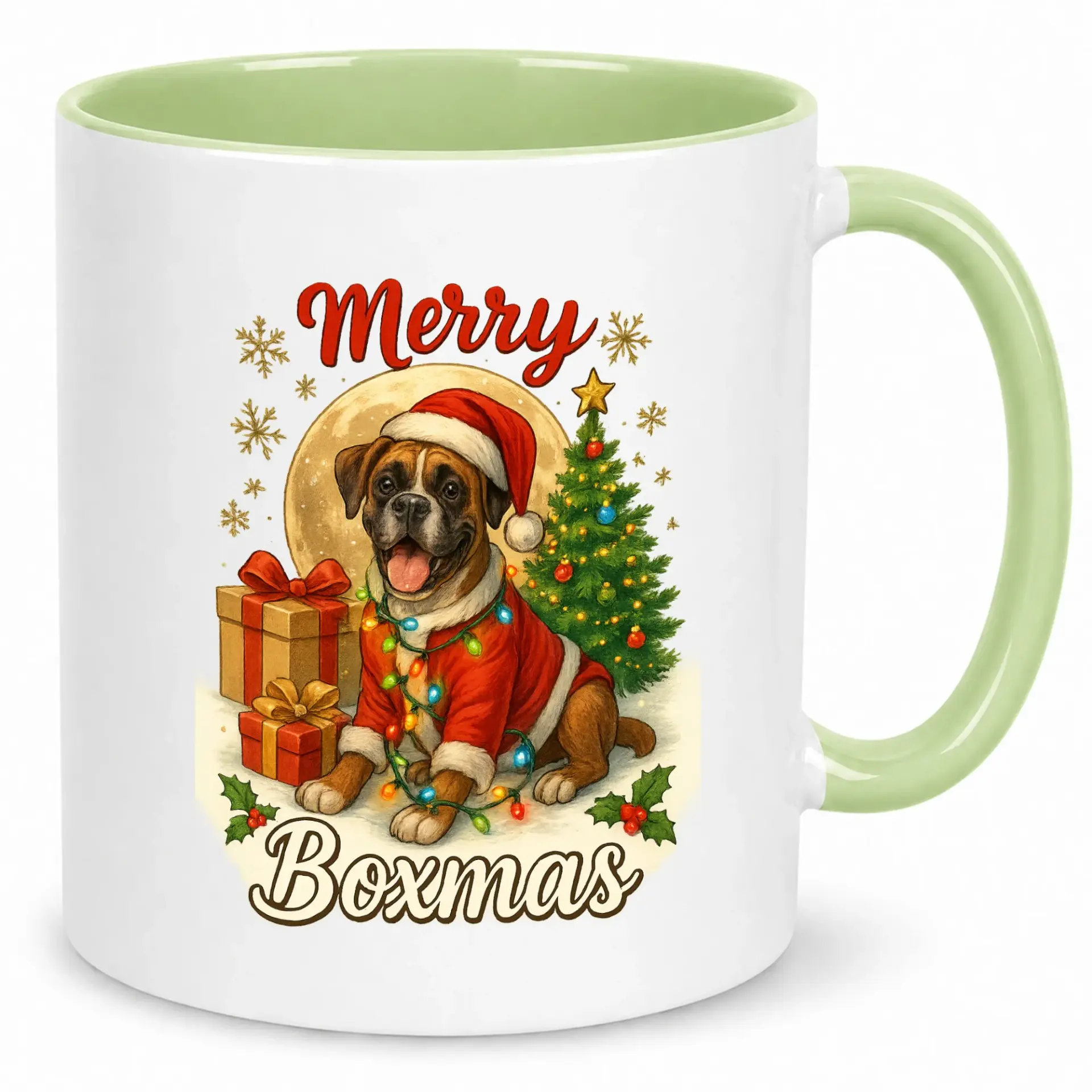 Funny Boxer Dog Christmas Coffee Mug, Unique Merry Boxmas Ceramic Beverage Cup, Festive Holiday Gift for Dog Lovers and Pet Owners, 11oz or 15oz