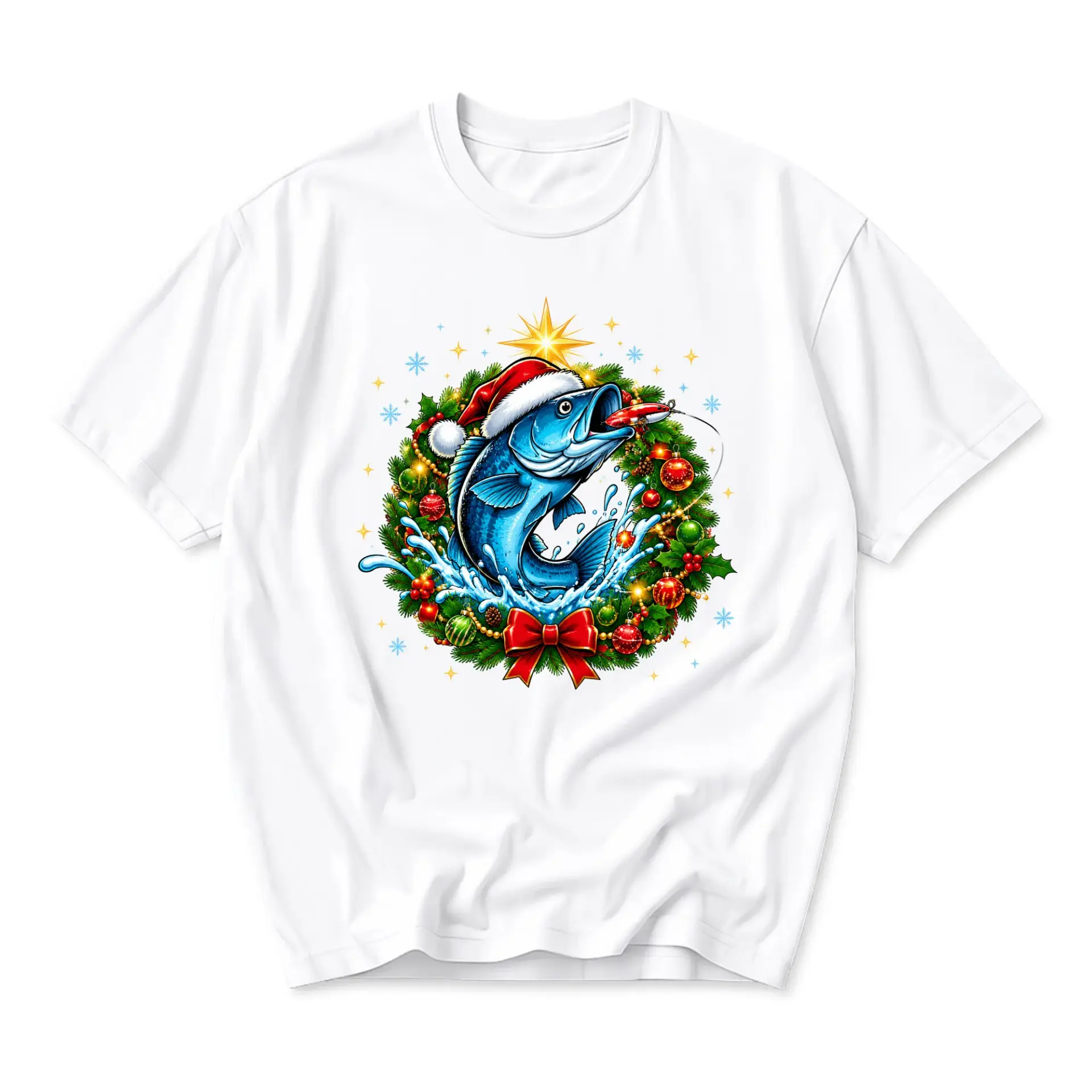 Funny Shirt Holiday Fishing Graphic Tee Merry Christmas Unisex Crew Neck Casual Everyday Wear Soft Cotton Blend