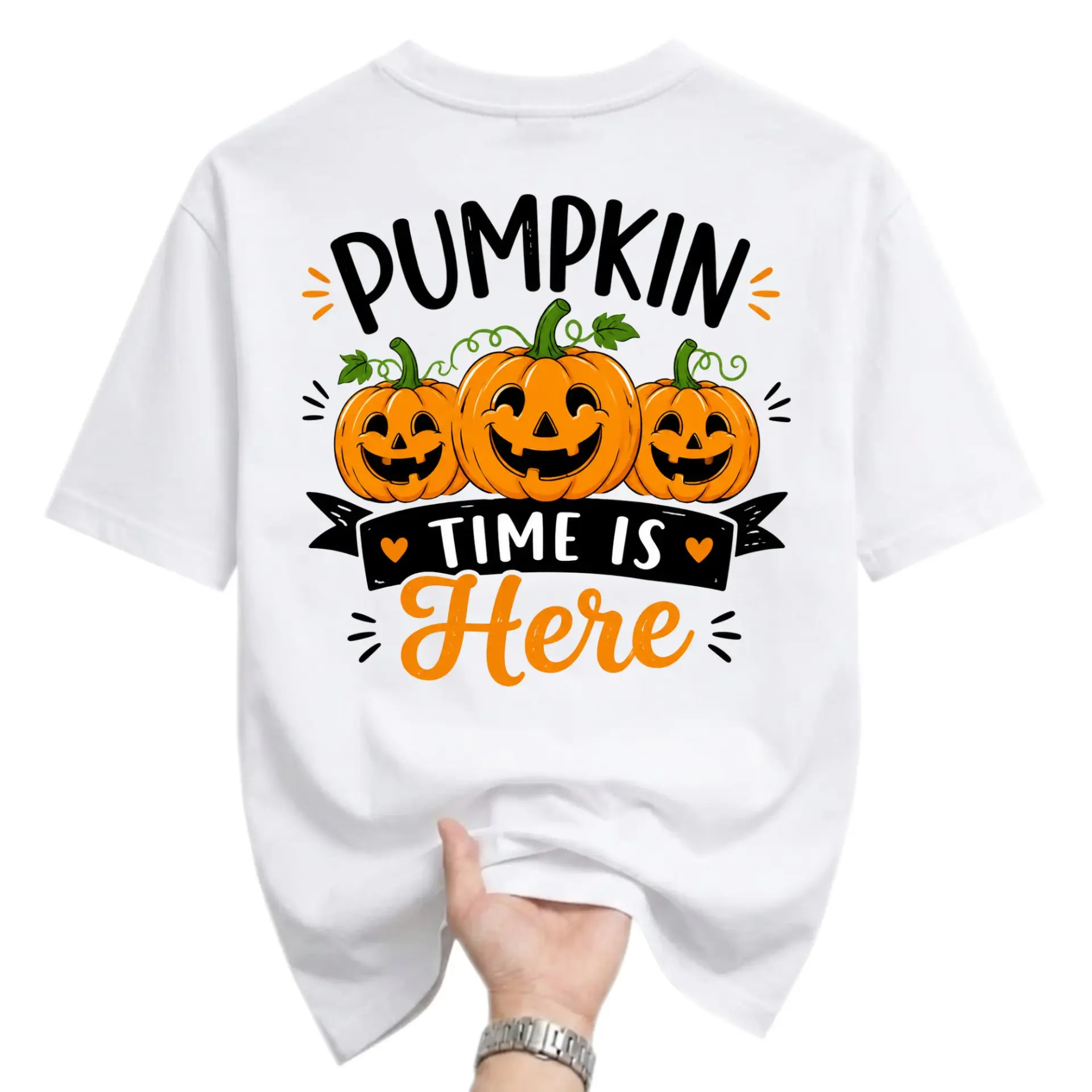 Graphic Tee Pumpkin Time Is Here Fall Season Autumn Holiday Unisex Crew Neck Shirt Comfortable Casual Everyday Apparel
