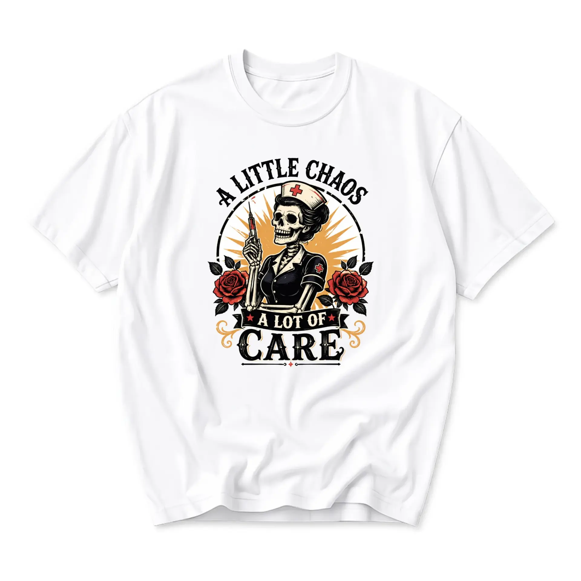Graphic Tee a Little Chaos a Lot of Care Skeleton Nurse Unisex Crew Neck Short Sleeve Casual Cotton Blend Shirt