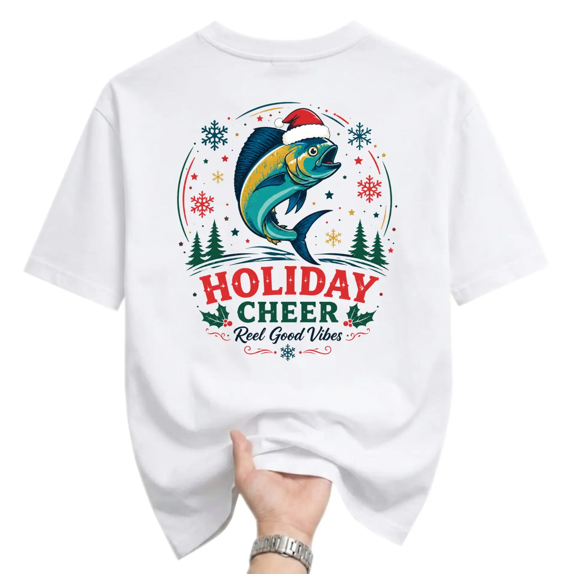 Graphic Tee Holiday Cheer Reel Good Vibes Fishing Shirt Festive Seasonal Unisex Crew Neck Short Sleeve Shirt