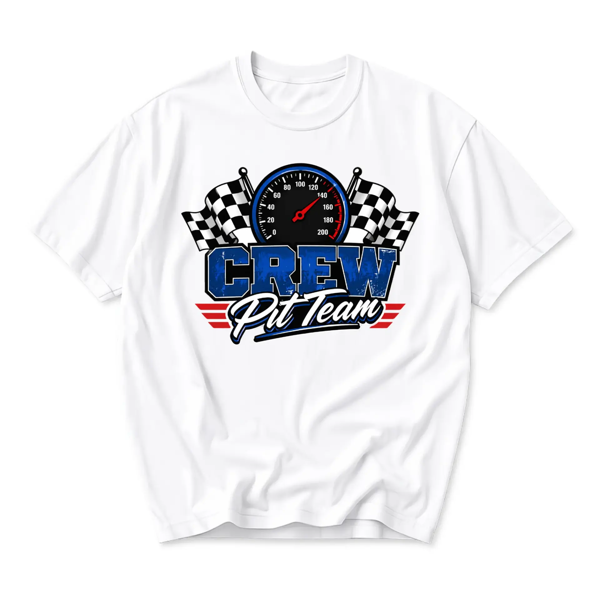 Graphic Tee Pit Crew Racing Theme Unisex Casual Shirt Featuring Speedometer and Checkered Flags Print on White Cotton