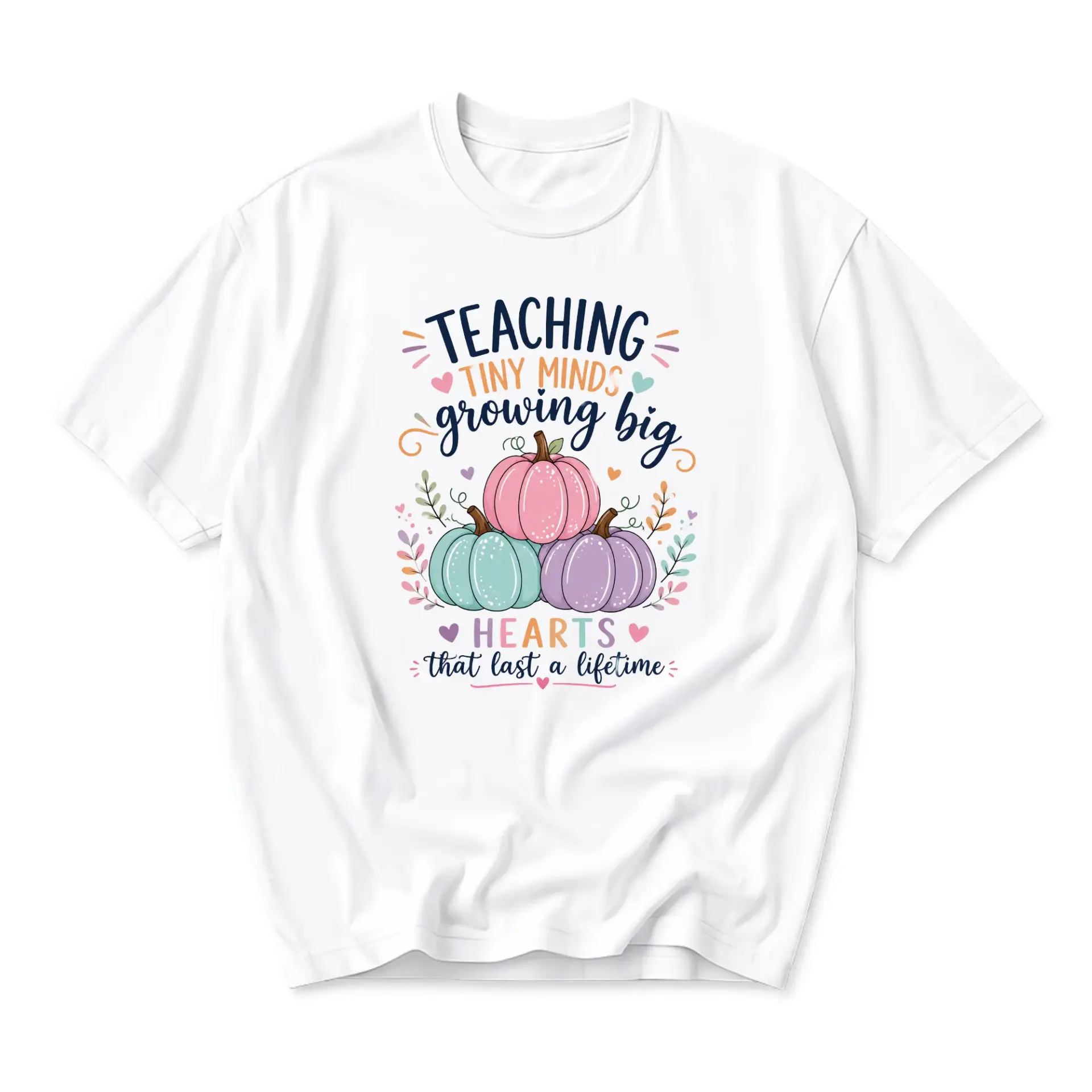 Graphic Tee Teaching Tiny Minds Growing Big Hearts Fall Pumpkin Theme Unisex Crew Neck Casual Cotton Blend T-Shirt
