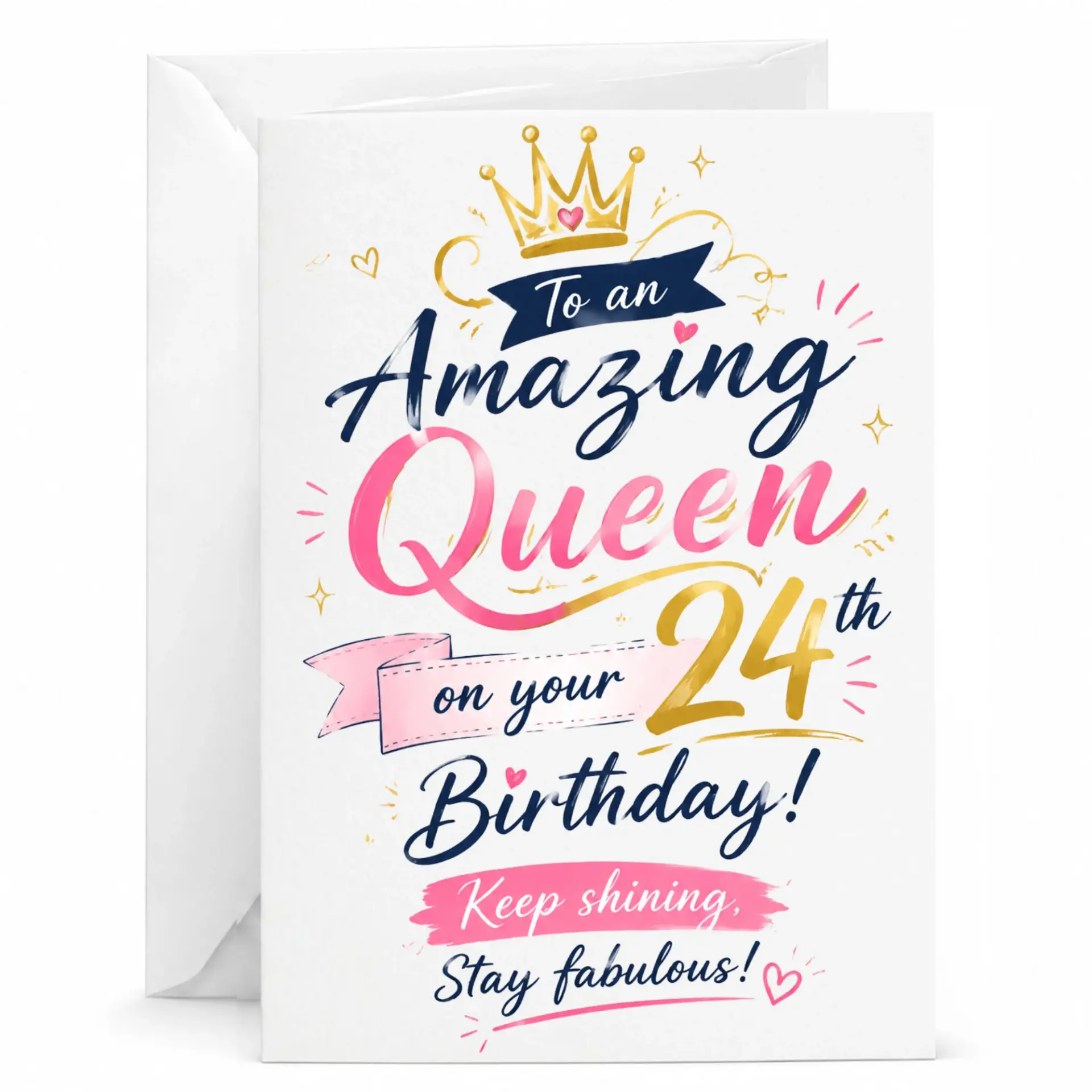 Birthday Card for Amazing Queen 24th Birthday Greeting Card with Envelope, Floral Crown Design for Her, 5x7 Inches
