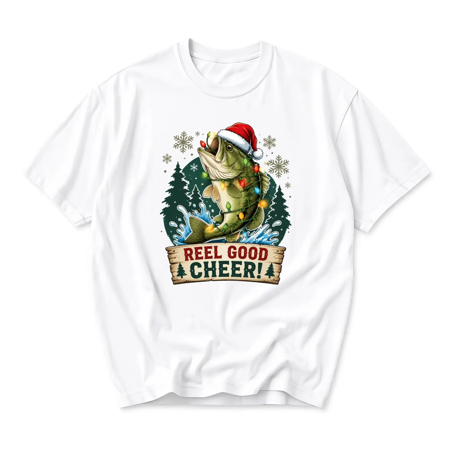 Funny Shirt Reel Good Cheer Christmas Fishing Graphic Tee Unisex Short Sleeve Crew Neck Seasonal Holiday Apparel