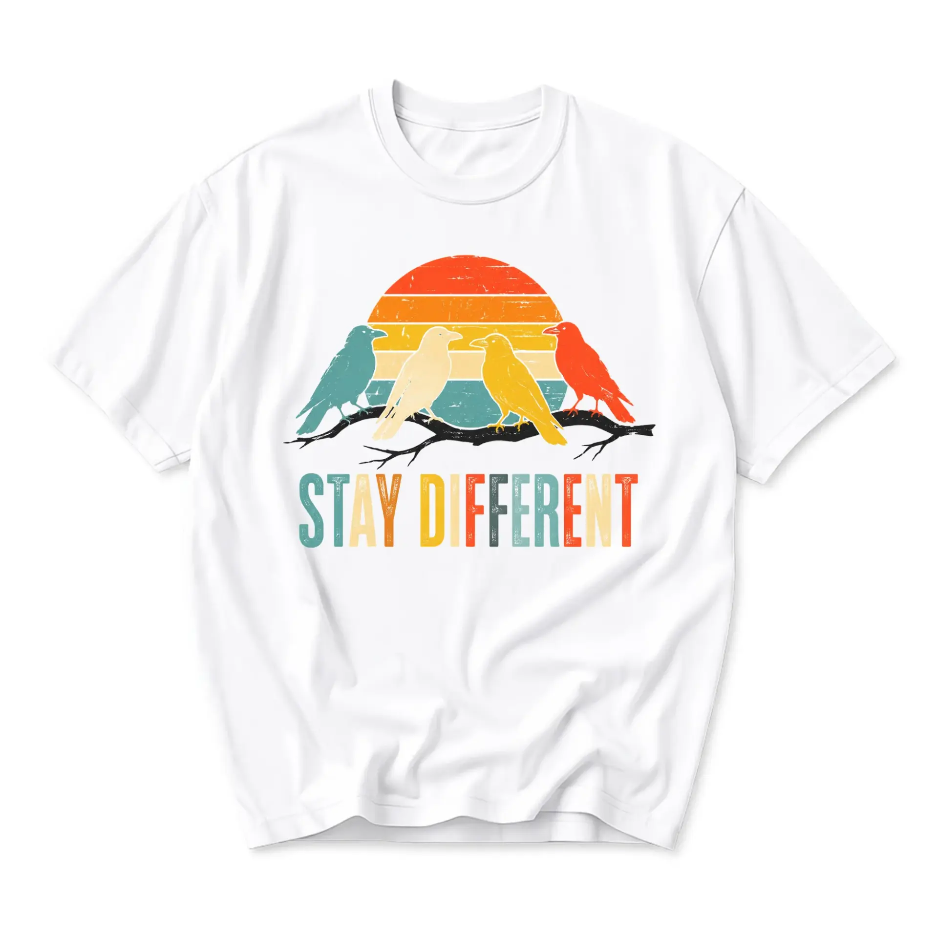 Graphic Tee Stay Different Raven Bird Vintage Sunset Print Casual Unisex Short Sleeve Crew Neck Cotton Blend Shirt