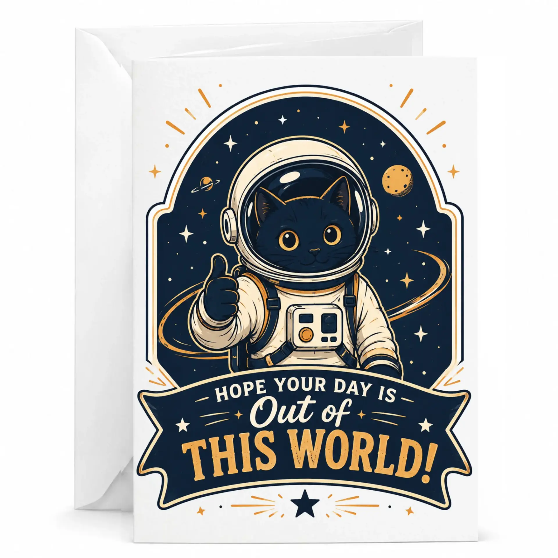 Funny Cat Astronaut Greeting Card Out of This World Theme Exploration for Birthday or