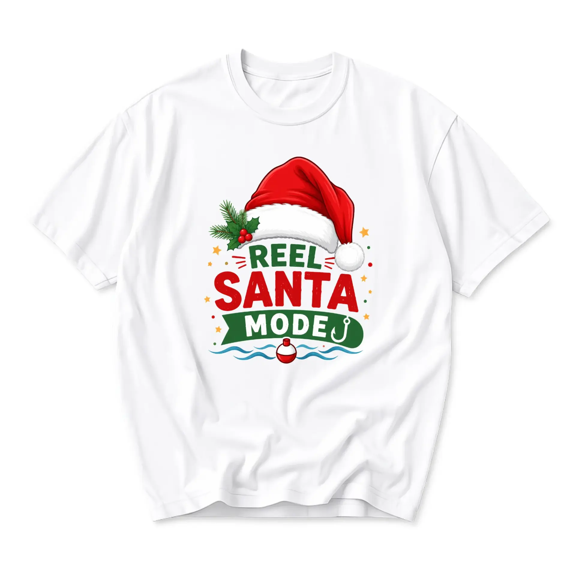 Funny Shirt Reel Santa Mode Fishing Graphic Tee Holiday Unisex Casual Short Sleeve Crew Neck Cotton Blend Apparel