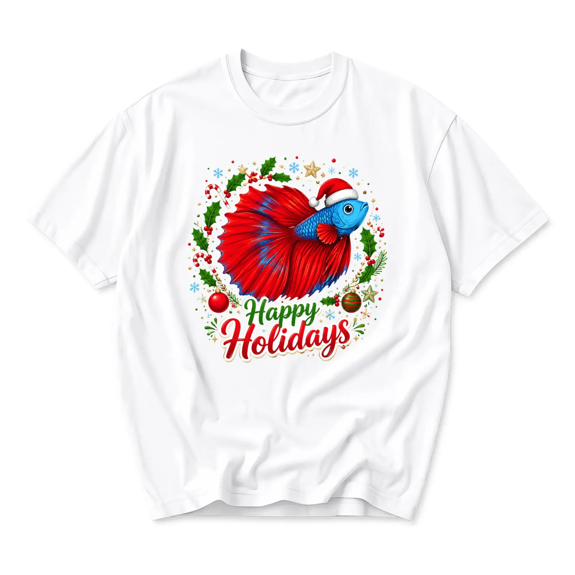 Funny Shirt Happy Holidays Fish Christmas Graphic Tee Casual Unisex Crew Neck Short Sleeve Cotton Apparel White