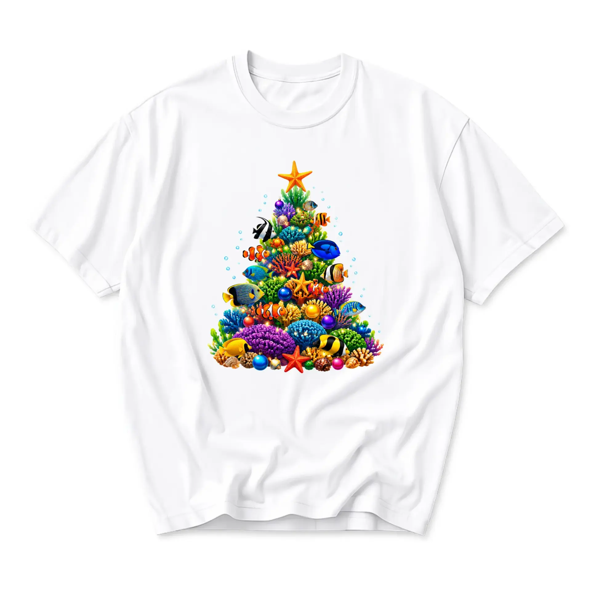 Graphic Tee Unisex Christmas Tree Tropical Ocean Fish Design Cotton Blend