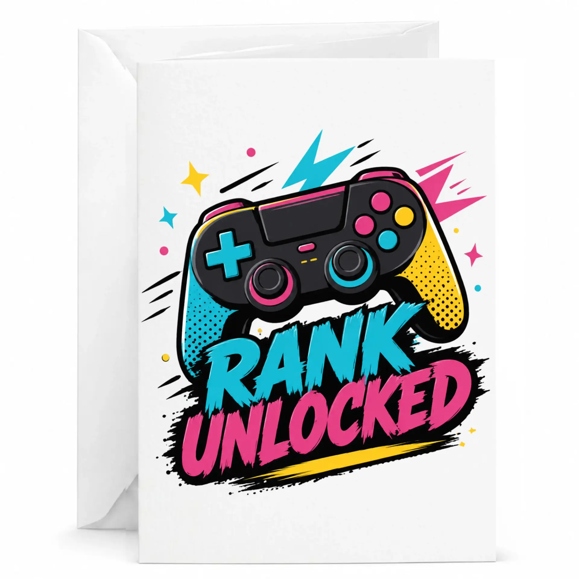 Funny Rank Unlocked Greeting Card Featuring Retro Video Game Controller Design for Gamers and Enthusiasts