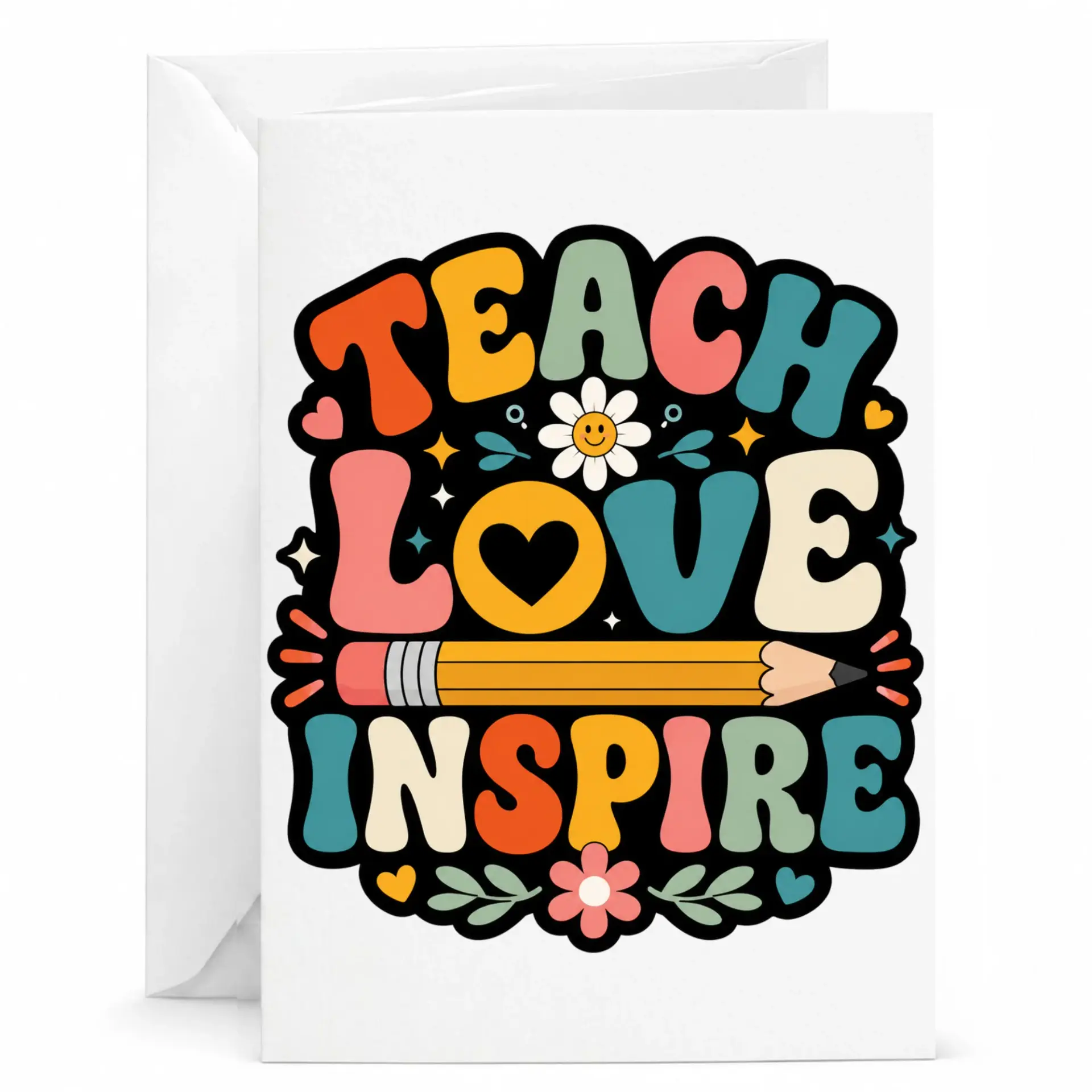 Greeting Card Teach Love Retro Style Stationery with Colorful Groovy Typography and Floral Pencil Accents