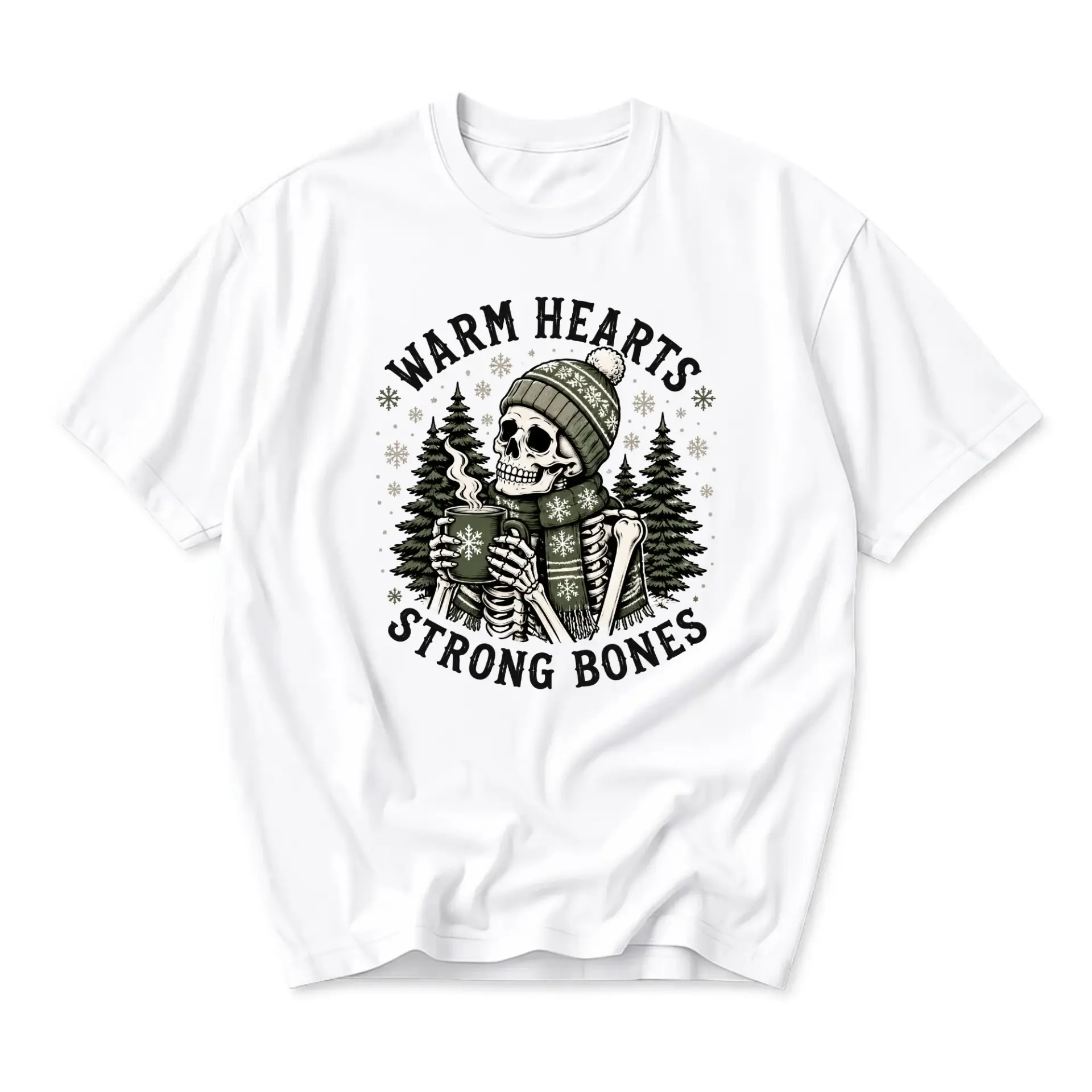 Graphic Tee Warm Hearts Strong Bones Skeleton Winter T-Shirt Comfortable Unisex Crew Neck Casual Everyday Shirt