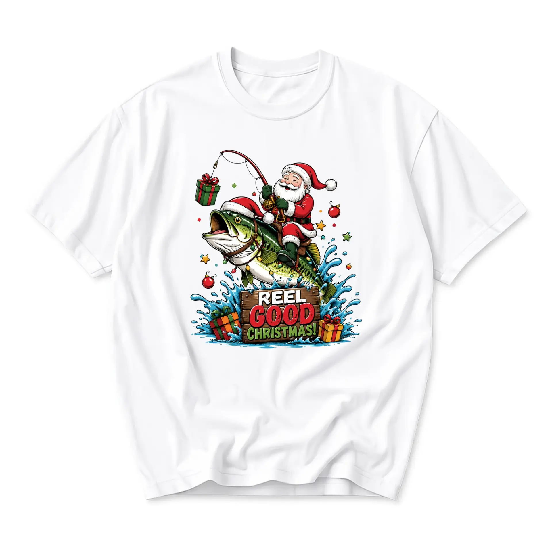 Funny Shirt Reel Good Christmas Graphic Tee Santa Claus Fishing Holiday Unisex Crew Neck Short Sleeve Casual Top