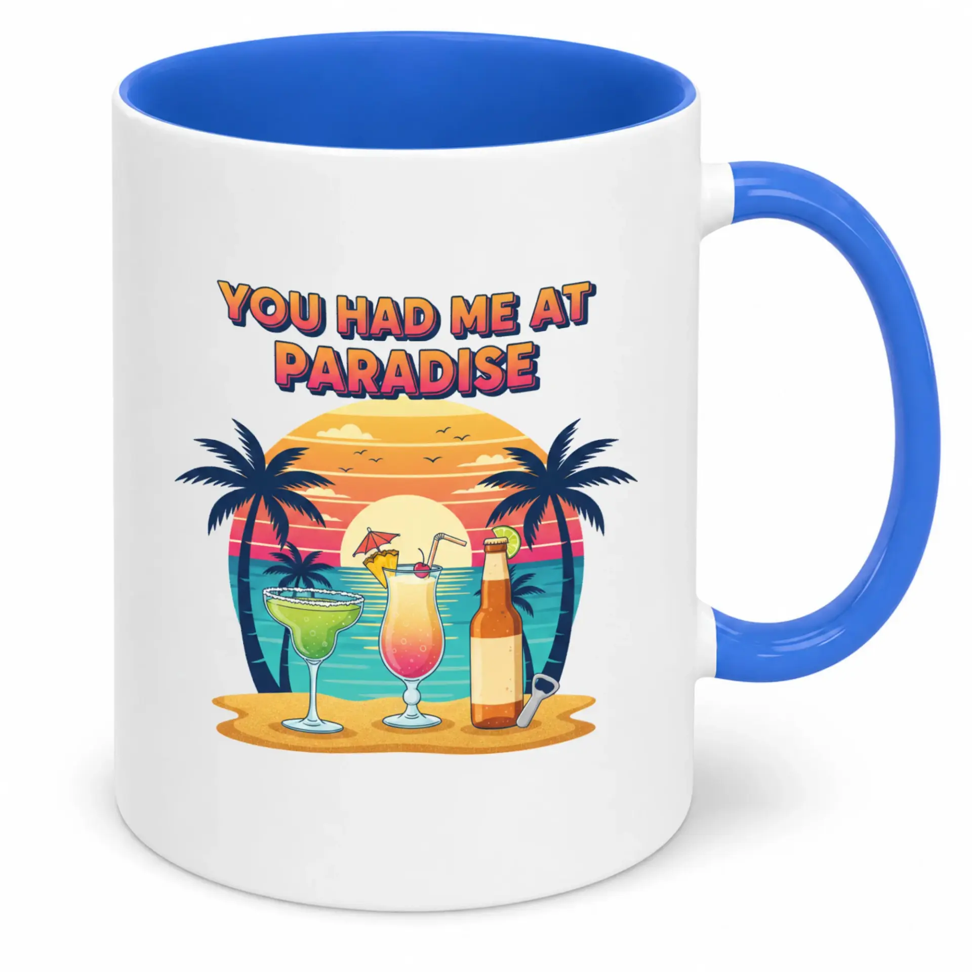 Funny Paradise Beach Themed Ceramic Coffee Mug with Tropical Sunset Design and Drink Graphics Ideal for Vacation Lovers Relaxation