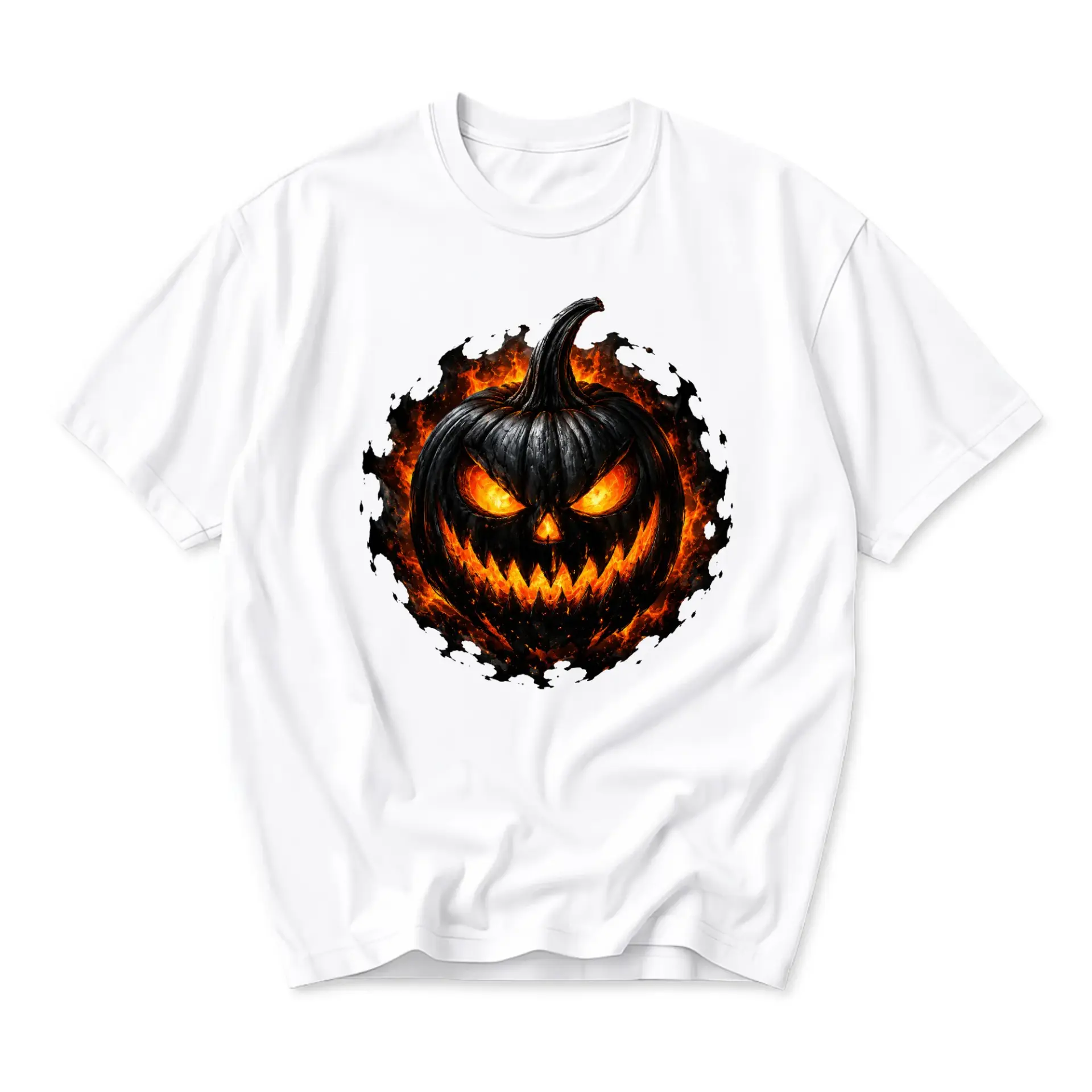 Graphic Tee Unisex Crew Neck T-Shirt Featuring a Dark Flaming Jack-O-Lantern Pumpkin Design for Halloween Apparel