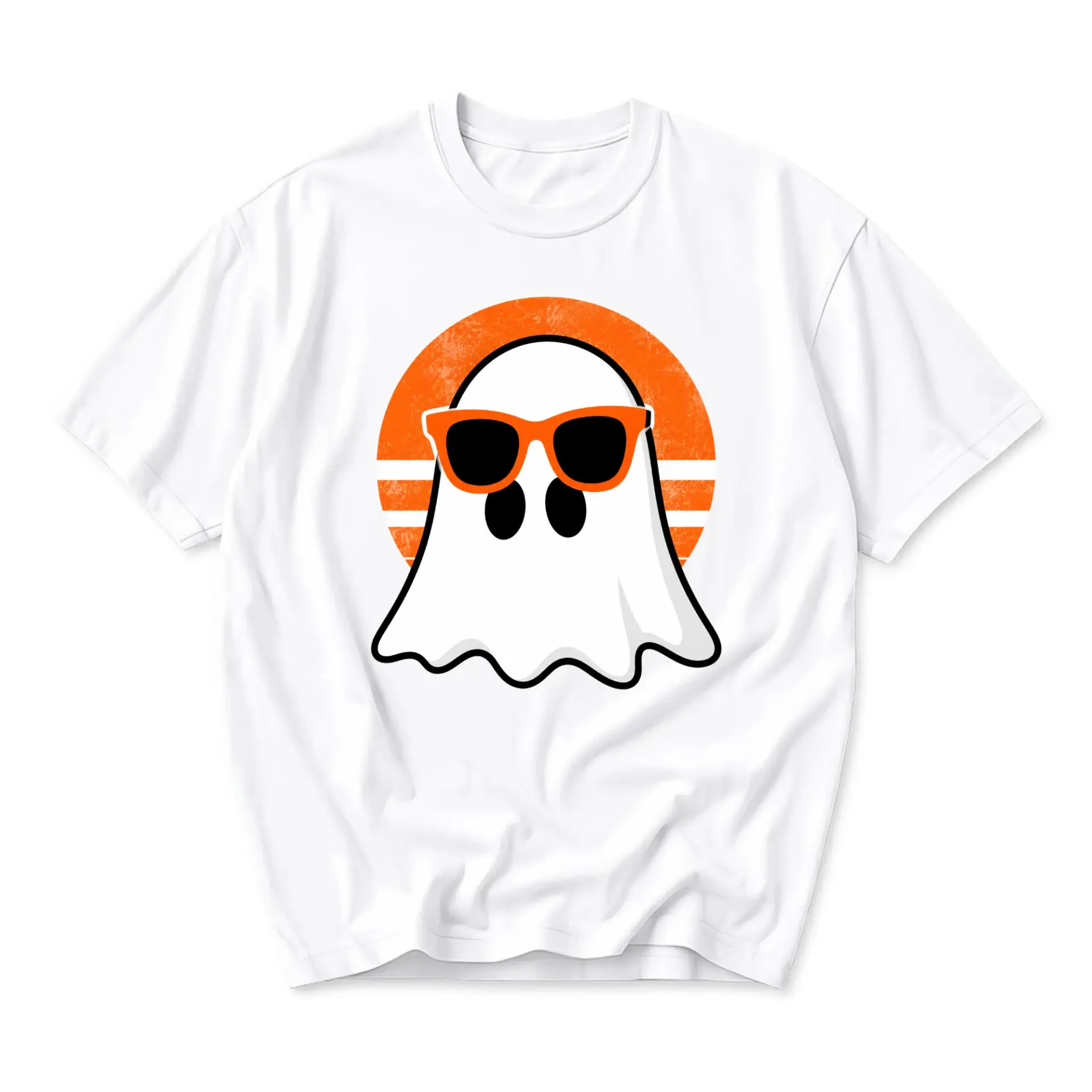 Funny Shirt Graphic Tee Featuring a Cool Ghost with Sunglasses and an Orange Retro Sunset Background Design