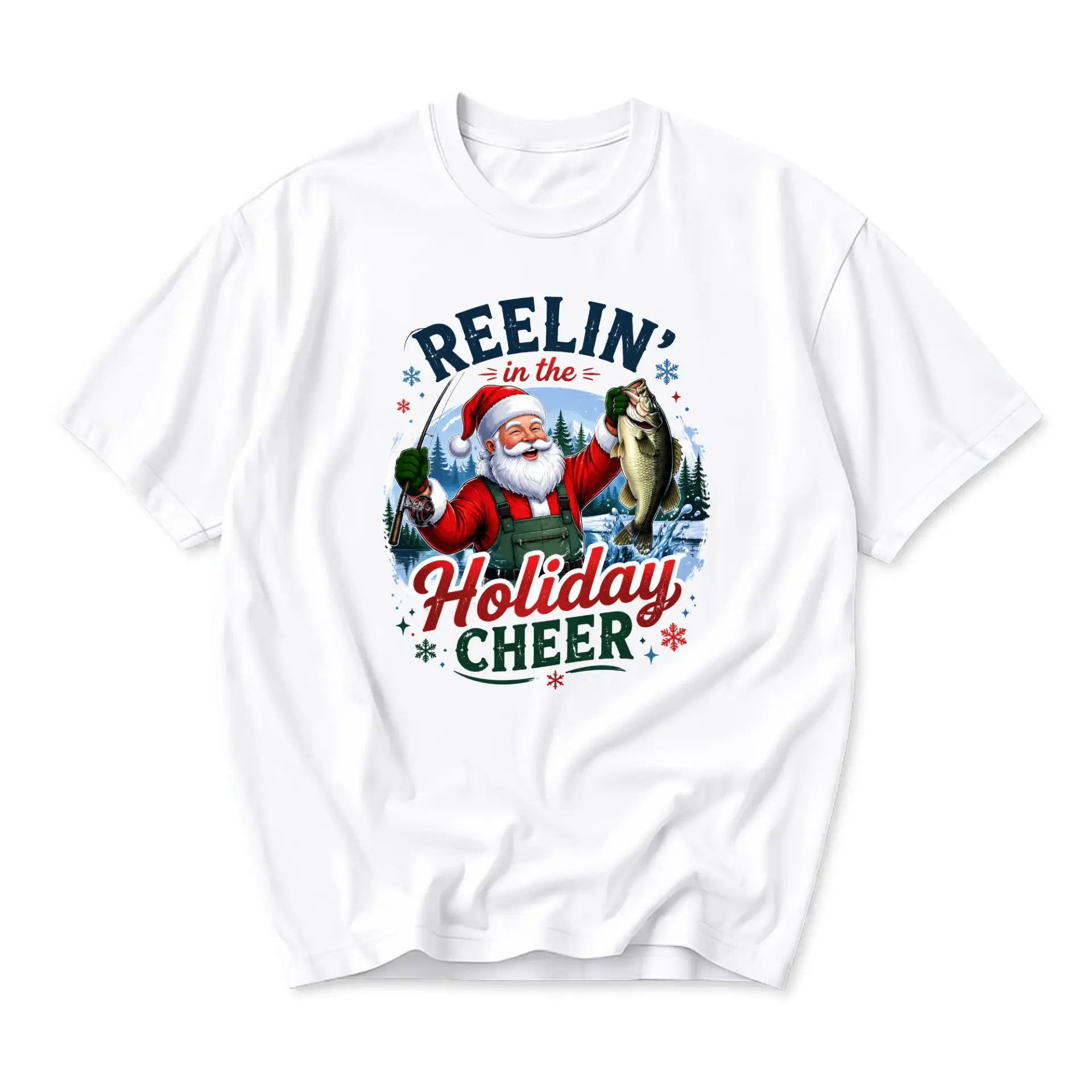 Graphic Tee Santa Fishing Reelin in the Holiday Cheer Funny Shirt Unisex Crew Neck Short Sleeve Casual Cotton Top