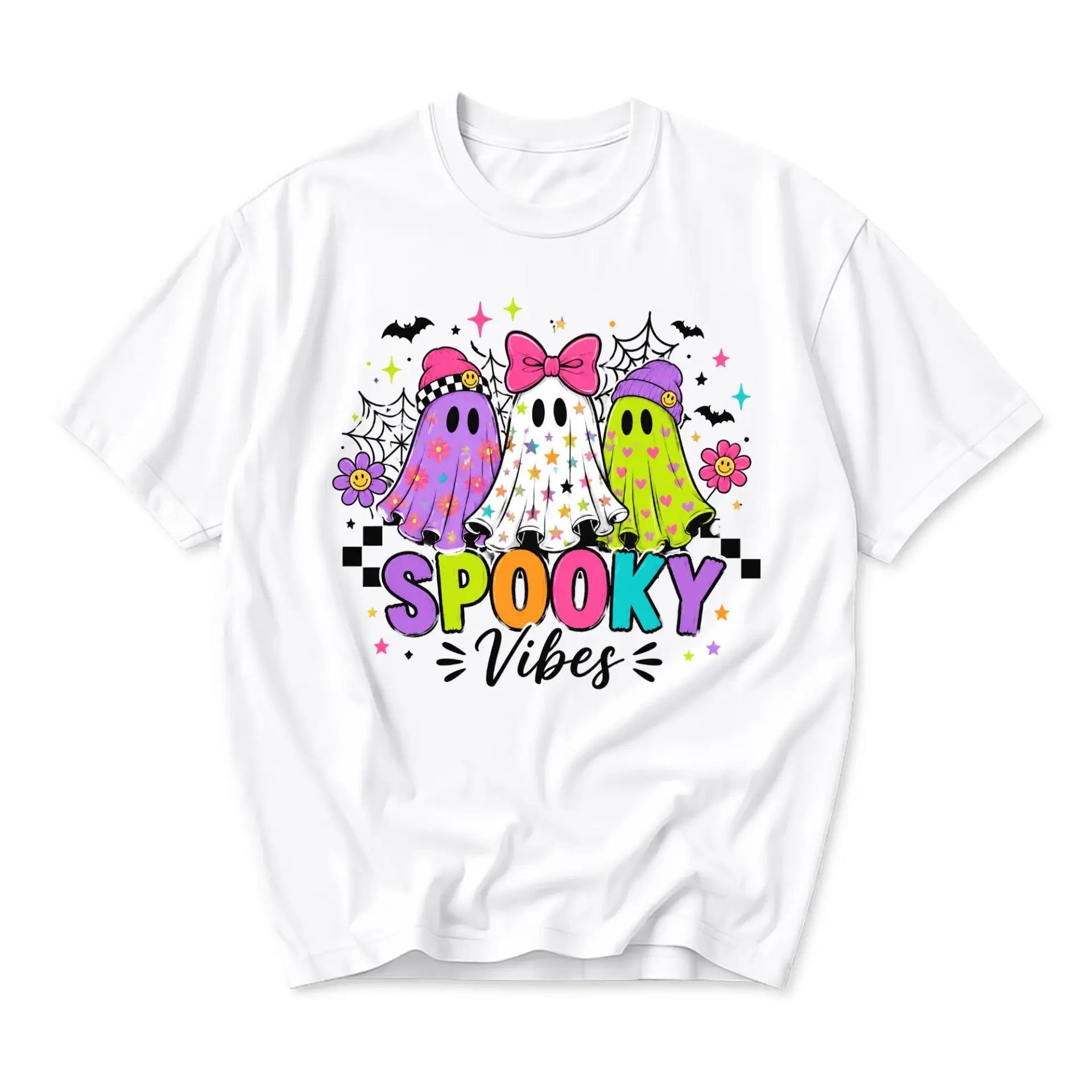 Graphic Tee Spooky Vibes Ghost Shirt Cute Halloween Aesthetic Unisex Crew Neck Everyday Casual Apparel Gift