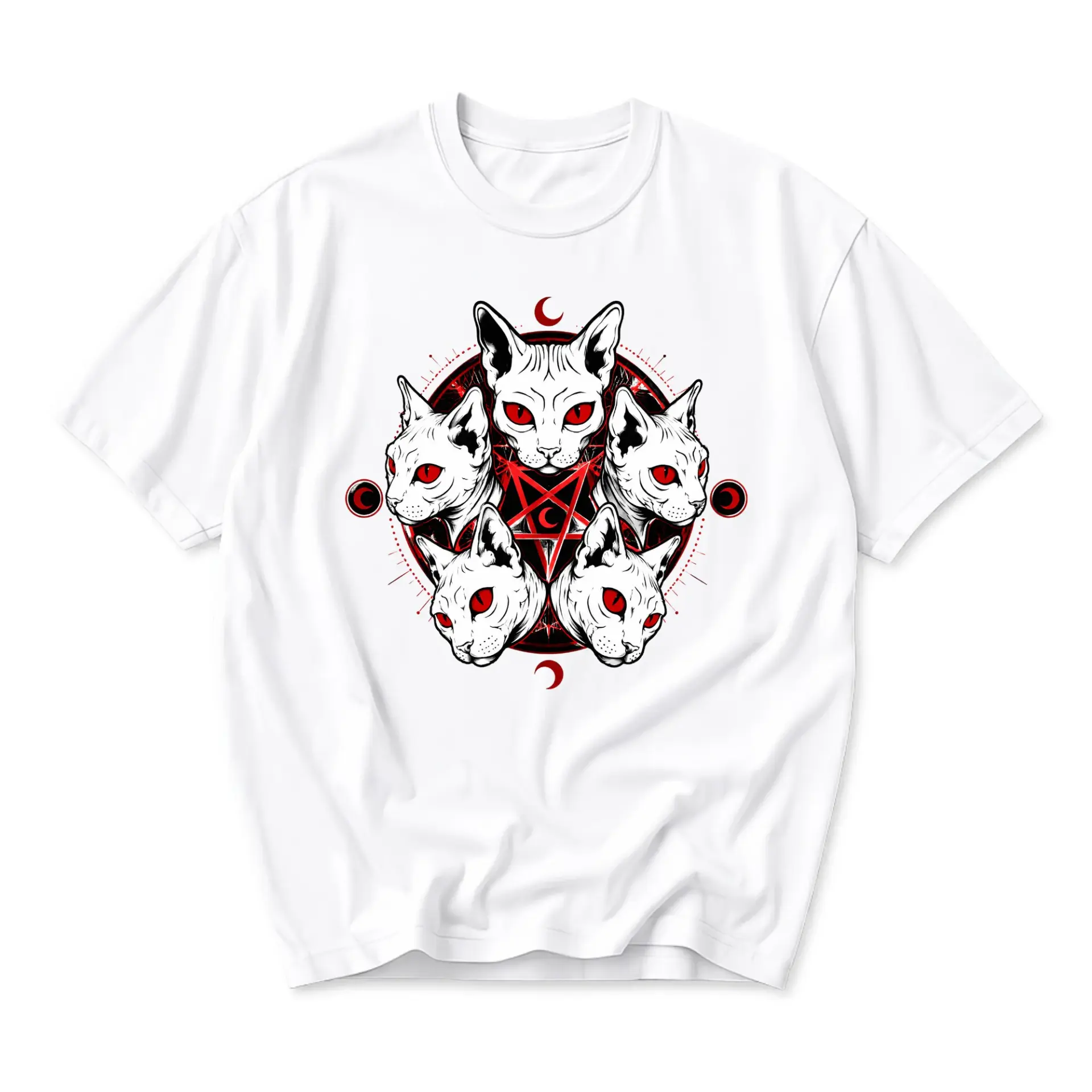 Graphic Tee Unisex Cat Occult Print Shirt Gothic Style White Crew Neck Cotton Blend Casual Everyday Apparel for Adults