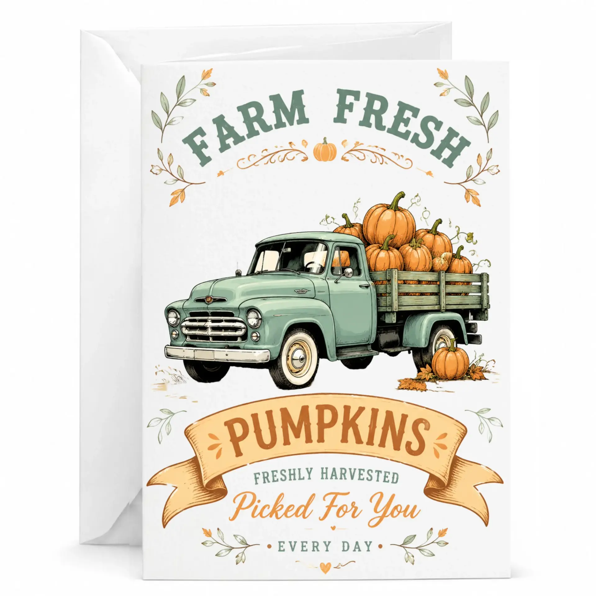 Farm Fresh Pumpkin Greeting Card, Vintage Truck Fall Harvest Note Card for Autumn Seasons and Thank You Sentiments