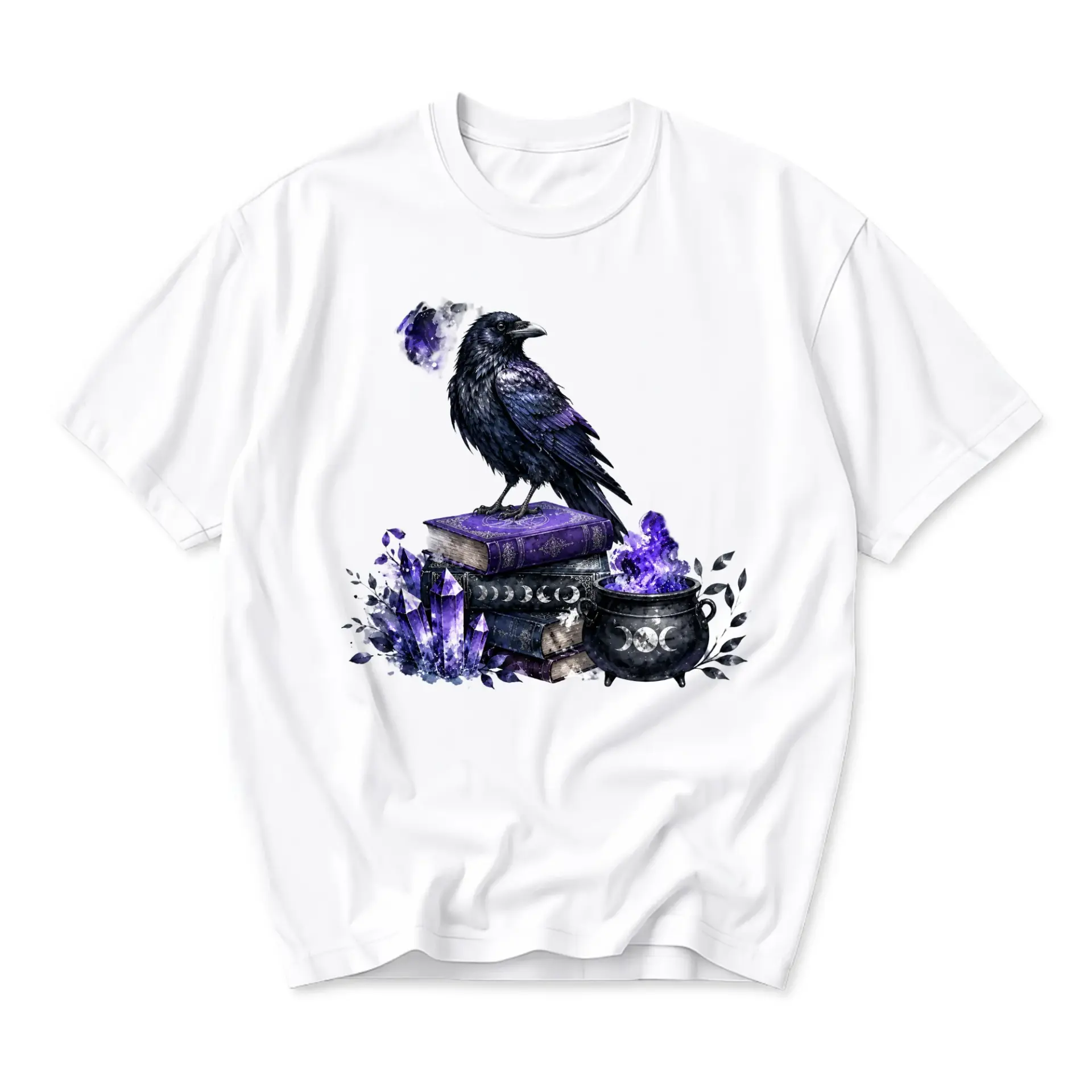 Graphic Tee Raven on Stacked Books with Cauldron Print Unisex Crew Neck Casual Cotton Blend Short Sleeve Shirt